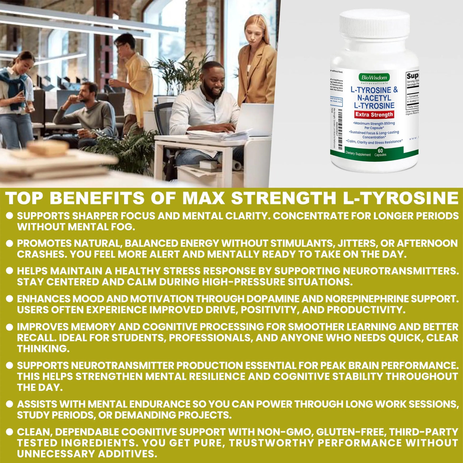 Max Strength L Tyrosine Supplement & N Acetyl L Tyrosine Peak Focus, Alertness, Concentration, Body & Mind Energy. L-Tyrosine 850mg Per 1 Capsule. A Well-Being Nutrient Boost For Performance BioWisdom NutraceuticalsAu supplements
