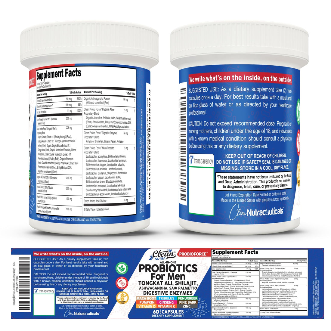 Clean Nutra Probiotics for Men | Tongkat Ali, Saw Palmetto, Tribulus, Ginseng, Ashwagandha, Maca, Pumpkin, Gingko Biloba, Pine Bark, Fenugreek, Shilajit, Zinc - Mens Probiotic 60 Capsules Clean NutraceuticalsAu supplements