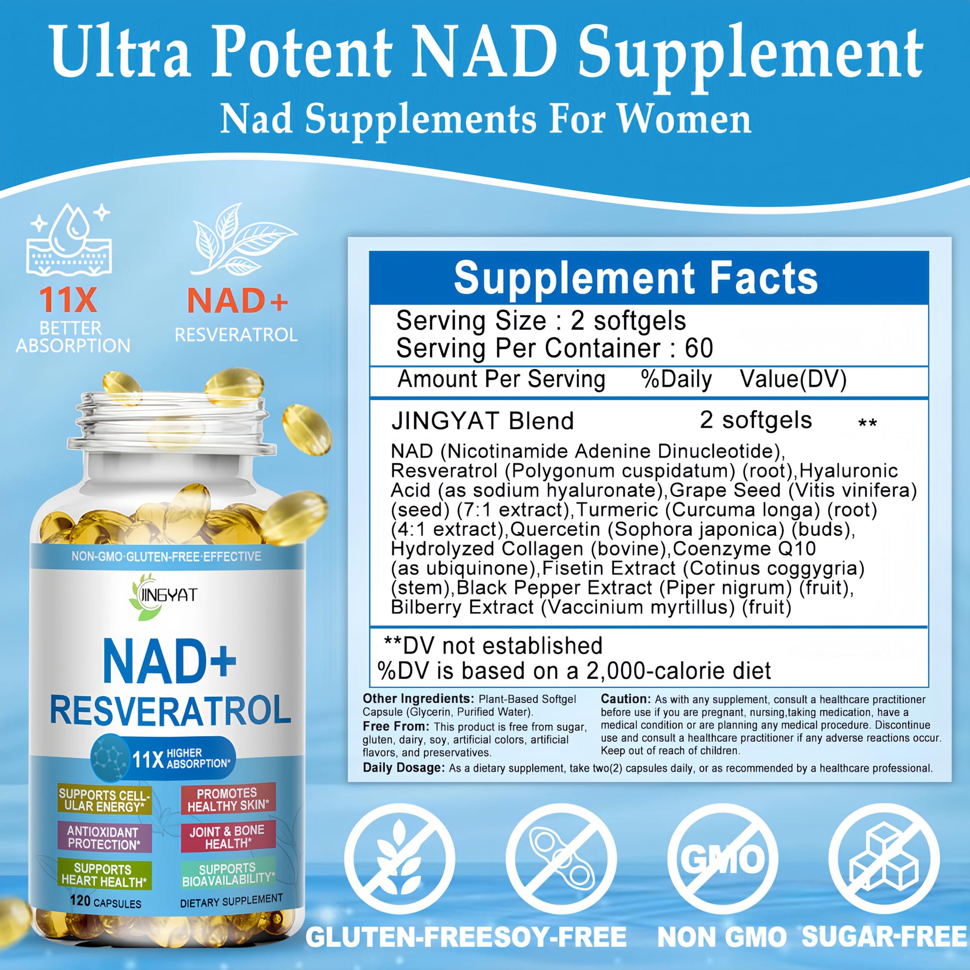 JINGYAT 11-in-1 NAD Supplement with Resveratrol, CoQ10, Quercetin, Collagen, Grape Seed for Cellular Energy, Mental Focus & Antioxidant Support - NAD Supplement for Women & Men, 120 Soft Capsules JINGYATAu supplements