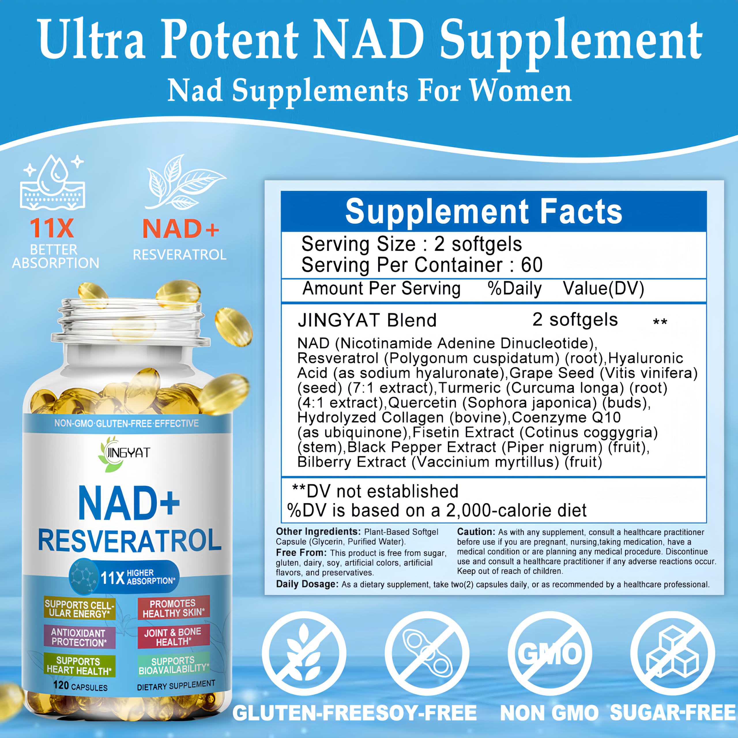 JINGYAT 11-in-1 NAD Supplement with Resveratrol, CoQ10, Quercetin, Collagen, Grape Seed for Cellular Energy, Mental Focus & Antioxidant Support - NAD Supplement for Women & Men, 120 Soft Capsules JINGYATAu supplements