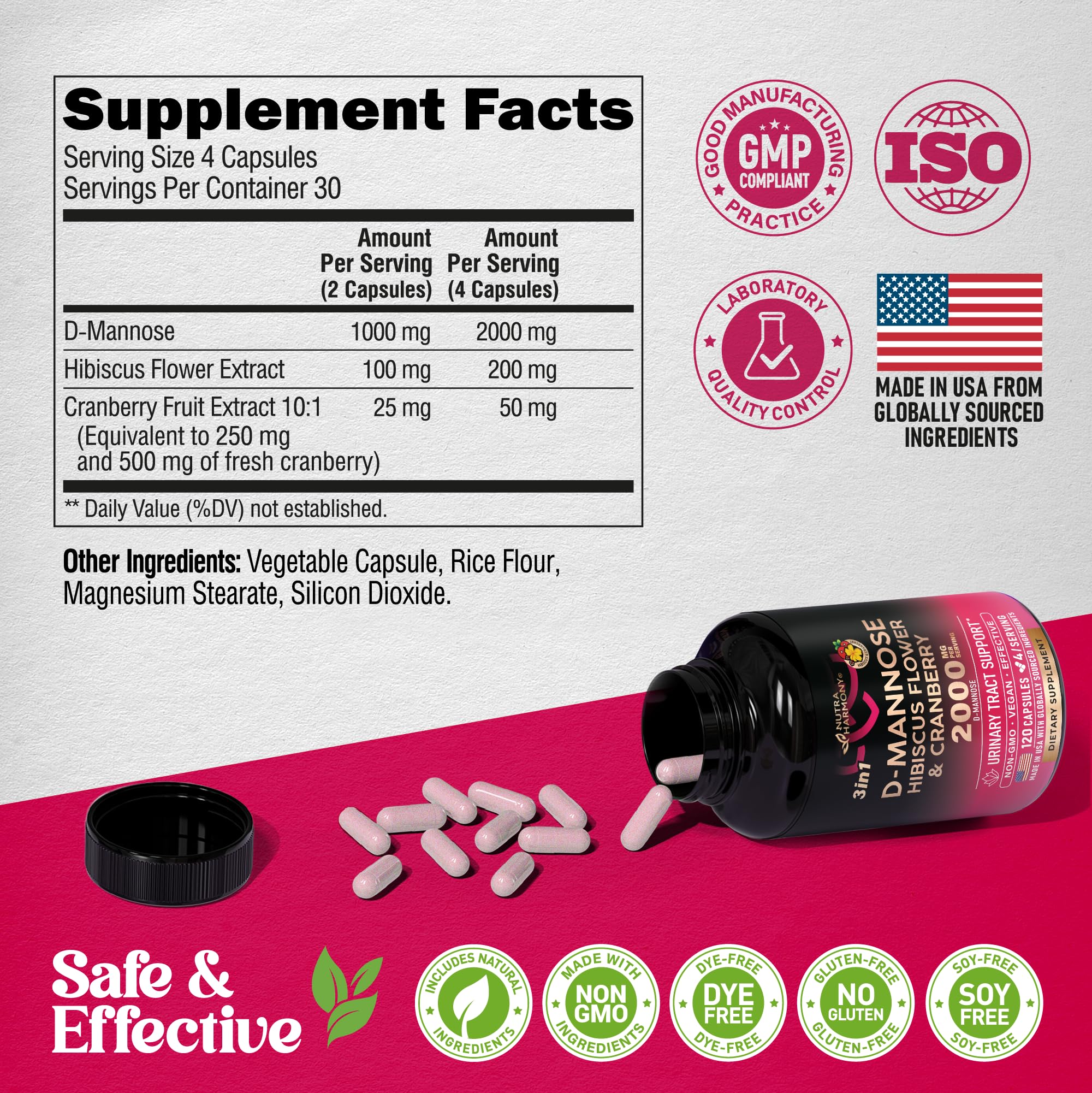 D-Mannose 2000mg with Cranberry & Hibiscus - Clinically Tested Strength for Urinary Tract Health - Supplement for Women - Bladder, Liver & Microflora Support - Made in USA - Vegan, 120 Capsules NUTRAHARMONYAu supplements