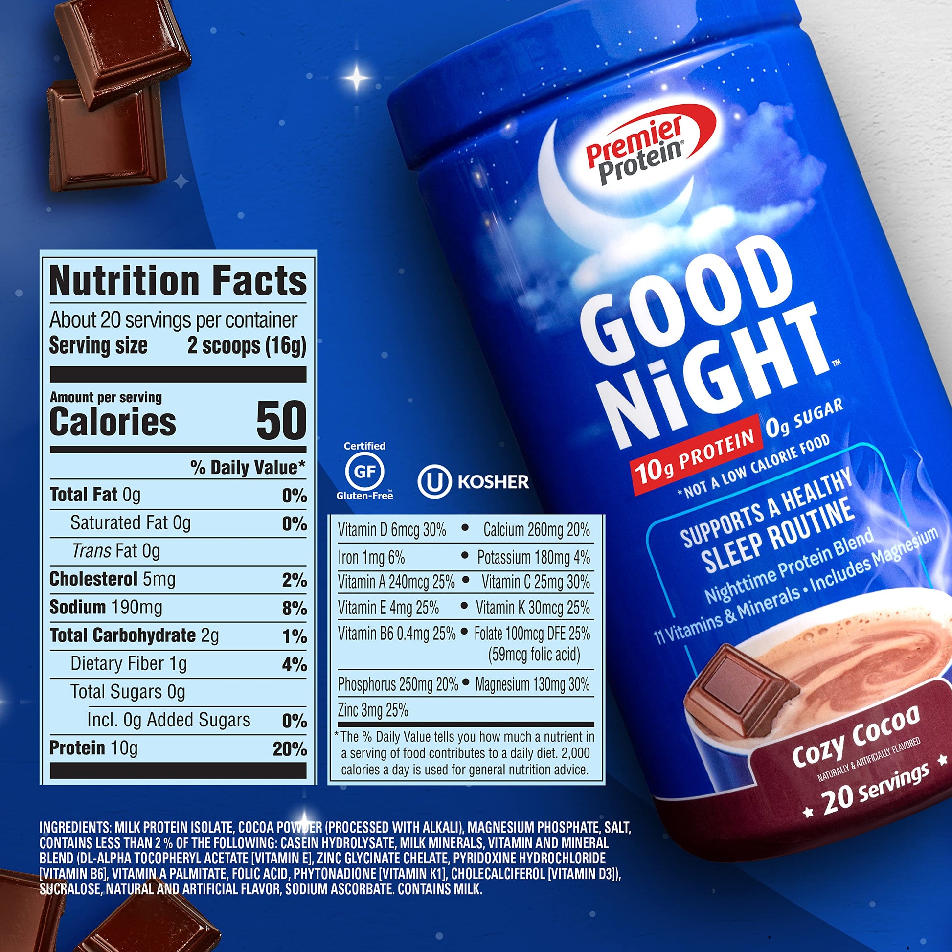 Premier Protein Good Night Protein Powder, Hot Cocoa Mix, 10g Protein, 0g Sugar Premier ProteinUS supplements