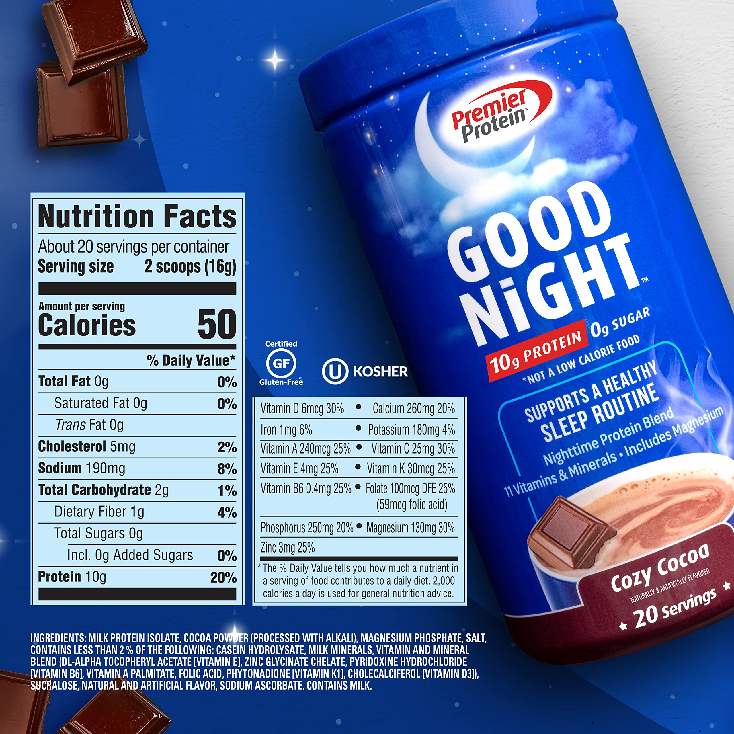 Premier Protein Good Night Protein Powder, Hot Cocoa Mix, 10g Protein, 0g Sugar Premier ProteinUS supplements