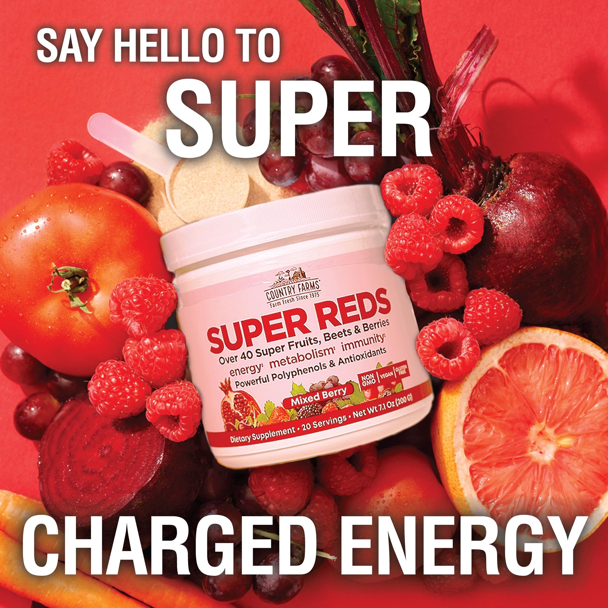 COUNTRY FARMS Super Reds, Energizing Polyphenol Superfood, 48 Super Fruits and Berries, Powerful Antioxidants and Polyphenols, Supports Energy, 20 Servings, Mixed Berry Flavor Country FarmsAu supplements