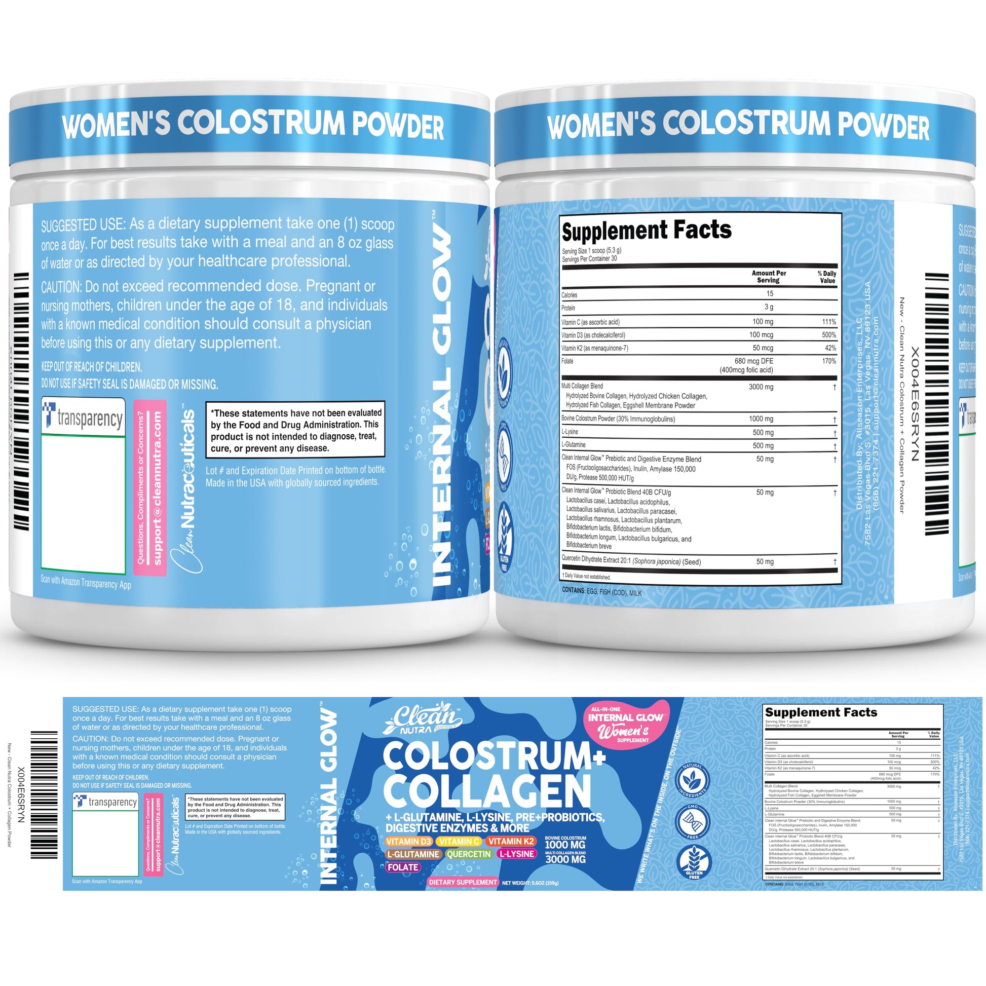 Bovine Colostrum Powder + Collagen Peptides with L-Glutamine L-Lysine Prebiotics Probiotics Digestive Enzymes Vitamin D K2 C Quercetin & Folate | Gut Health Supplement Internal Glow By Clean Nutra Clean NutraceuticalsAu supplements