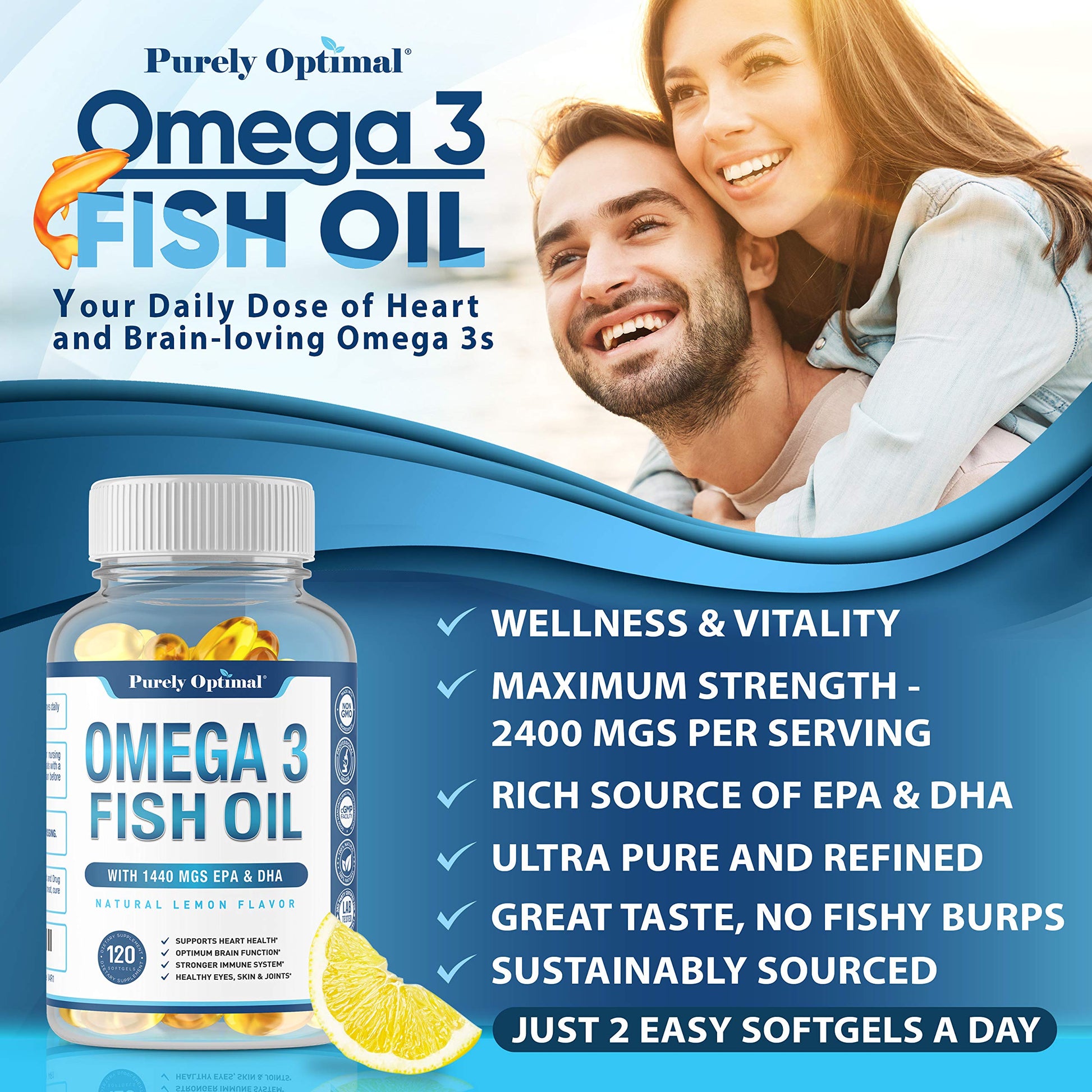 Premium Omega 3 Fish Oil Supplement 2400mg - Burpless Fish Oil Omega3 Softgels Purely OptimalUS supplements