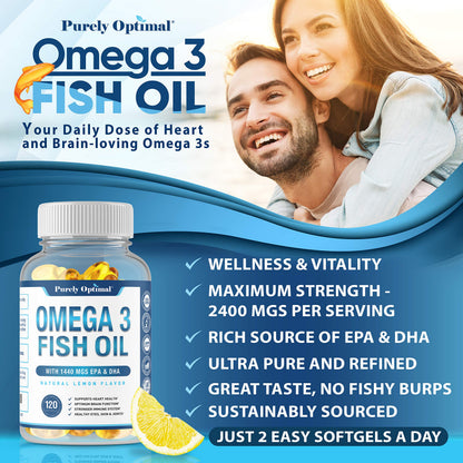 Premium Omega 3 Fish Oil Supplement 2400mg - Burpless Fish Oil Omega3 Softgels Purely OptimalUS supplements
