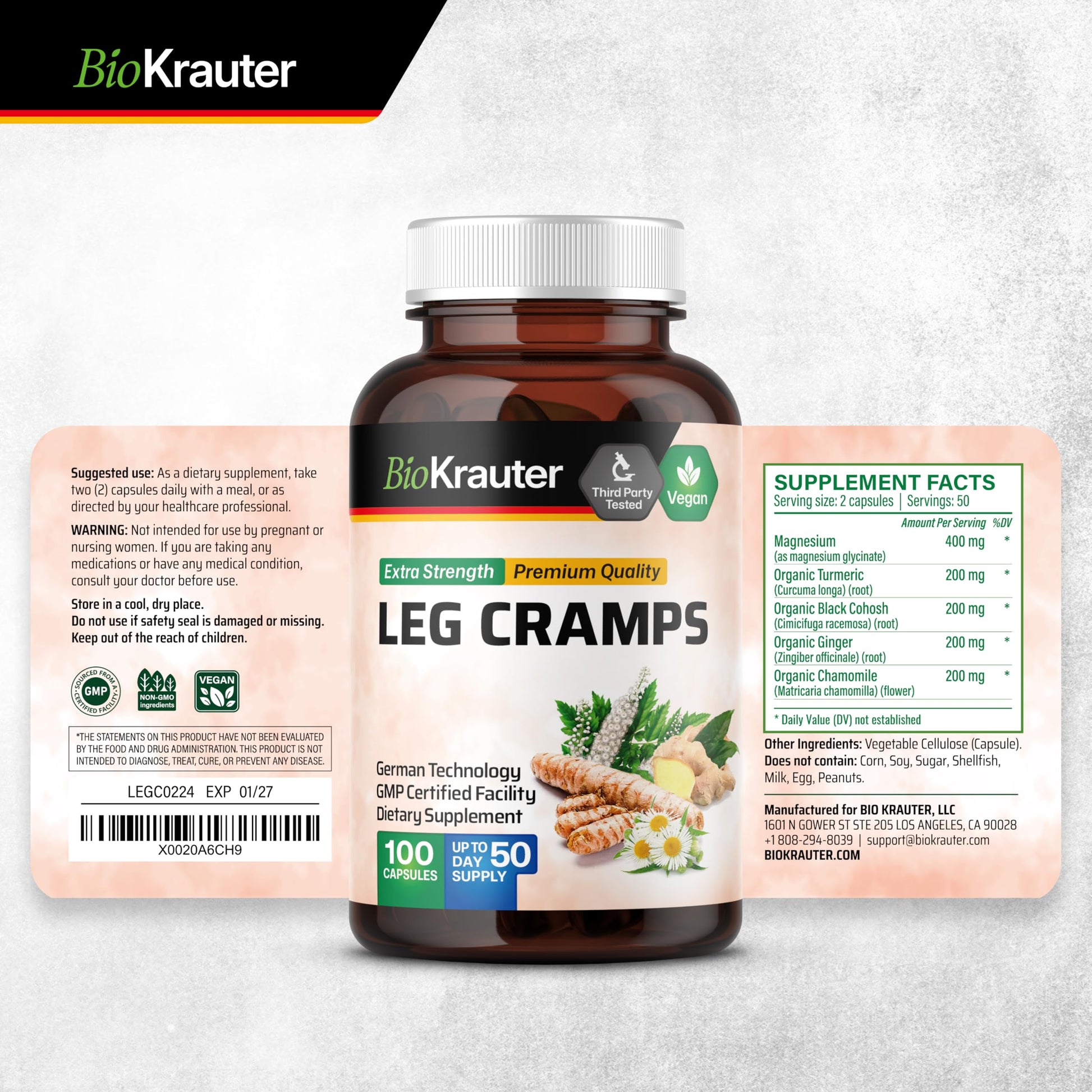 BIO KRAUTER® Magnesium Glycinate for Leg Сramps & Relax - 5-in-1 Formula Magnesium Glycinate 400mg with Turmeric, Black Cohosh, Ginger, Chamomile 1200 mg 100 Caps - No Fillers, Non-GMO, 50-Day Supply BIO KRAUTERAu supplements