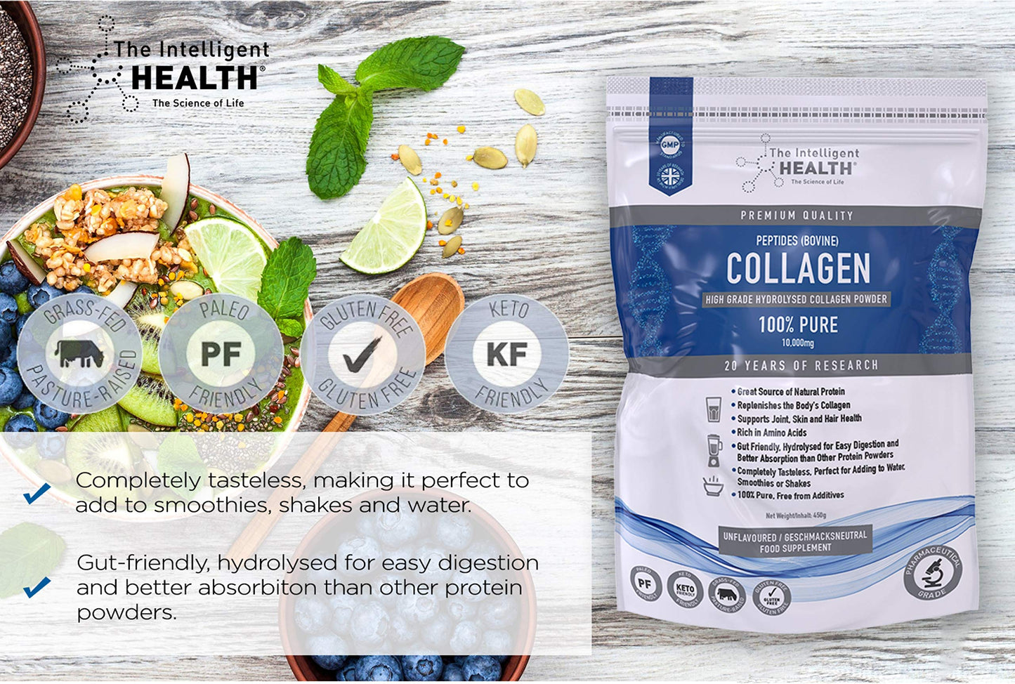 Hydrolysed Collagen Powder (Bovine) - High Protein Grass Fed Unflavoured Peptides The Intelligent HealthUS supplements