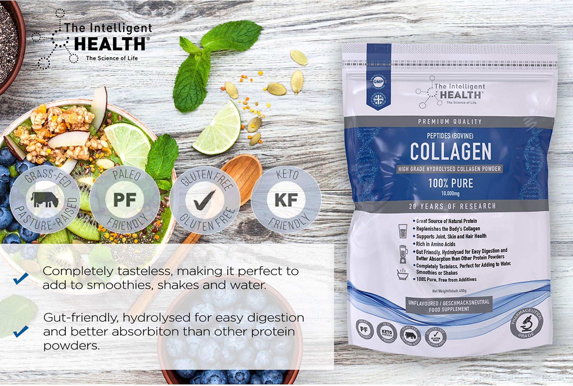 Hydrolysed Collagen Powder (Bovine) - High Protein Grass Fed Unflavoured Peptides The Intelligent HealthUS supplements