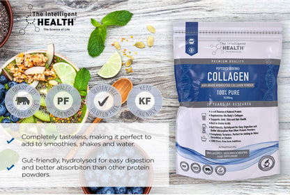 Hydrolysed Collagen Powder (Bovine) - High Protein Grass Fed Unflavoured Peptides The Intelligent HealthUS supplements