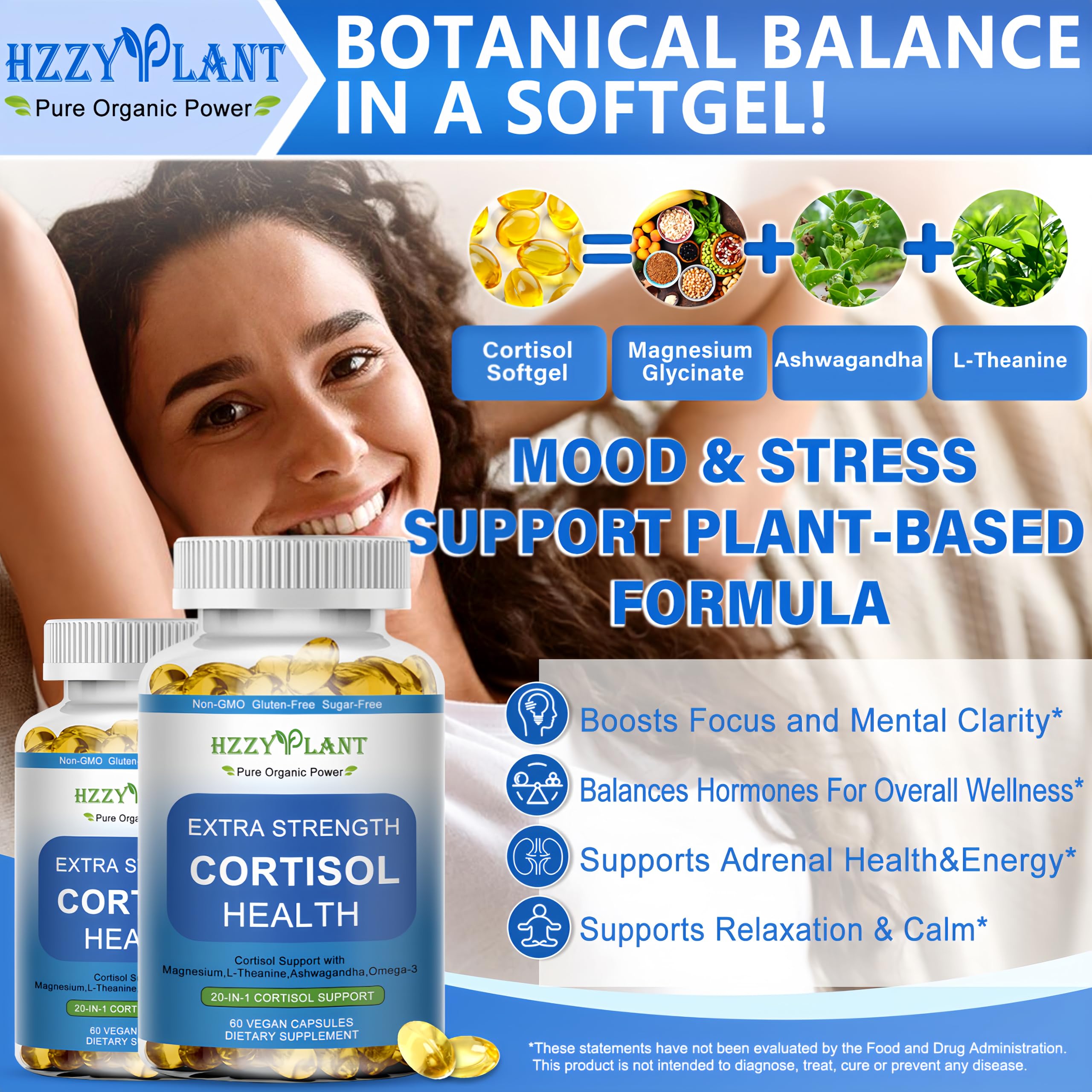 Cortisol Supplements for Women and Men Softgels with Phosphatidylserine Magnesium Ashwagandha L-Theanine,High Absorption Cortisol Detox Capsules for Sleep Relaxation Stress Relief,Non-GMO,60 Servings HZZYPLANTAu supplements