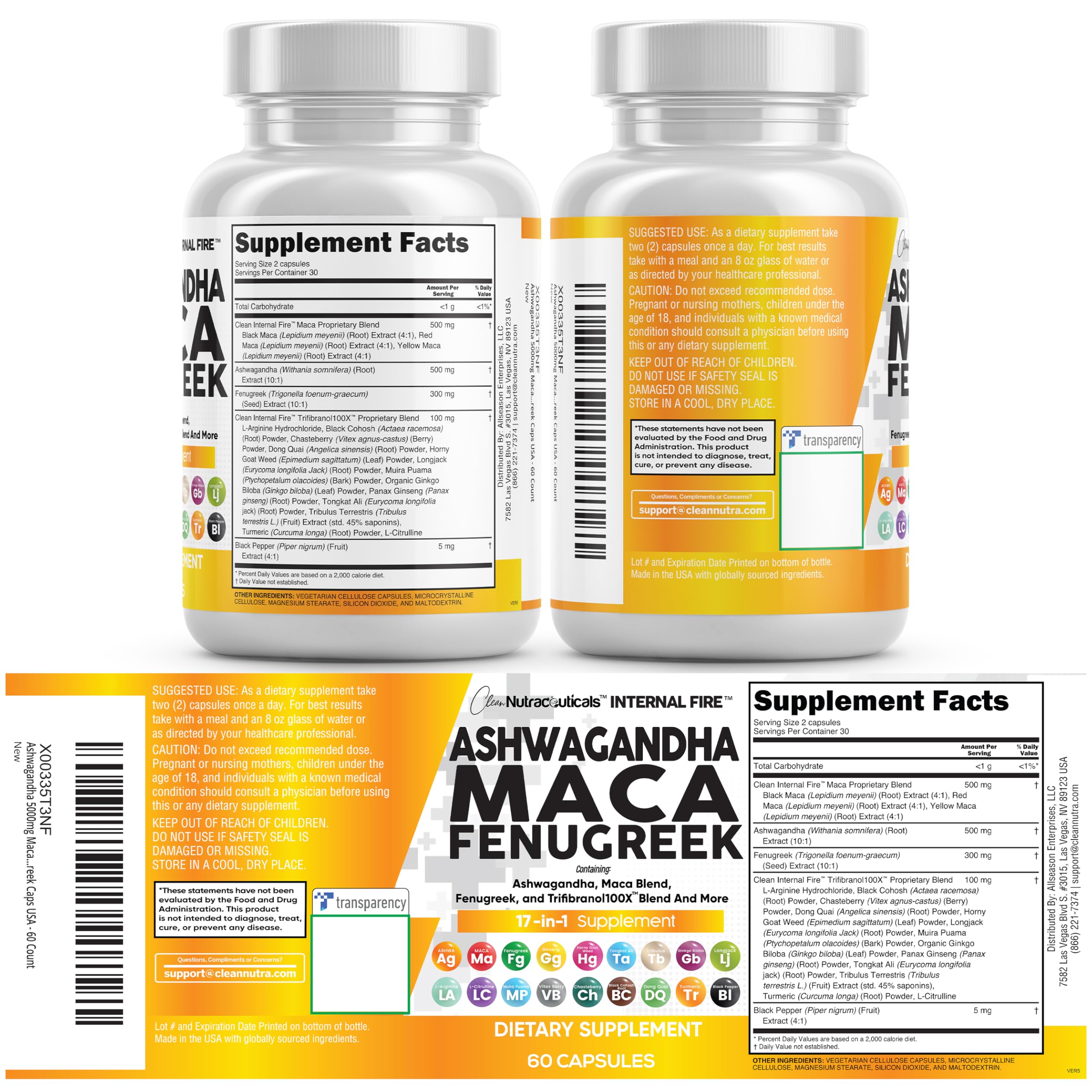 Clean Nutraceuticals Ashwagandha Maca Root Fenugreek Supplement with Tongkat Ali Ginseng - Assists with Stress, Mood & Thyroid - Ashwagandha Capsules Fenugreek Caps - 1 Pack Clean NutraceuticalsAu supplements