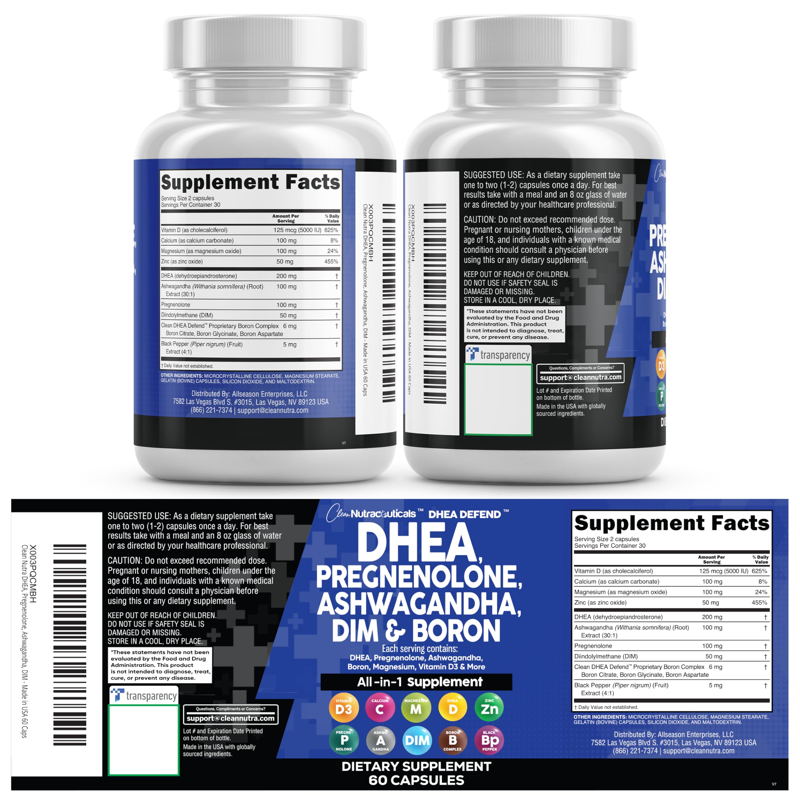 DHEA 200mg Supplement Pregnenolone 100mg for Men & Women with DIM Ashwagandha Boron 6mg Complex Calcium Magnesium Zinc 50mg Vitamin D3 5000 iu Hormone Support Capsules Pills - Made in USA 60 Ct Clean NutraceuticalsAu supplements