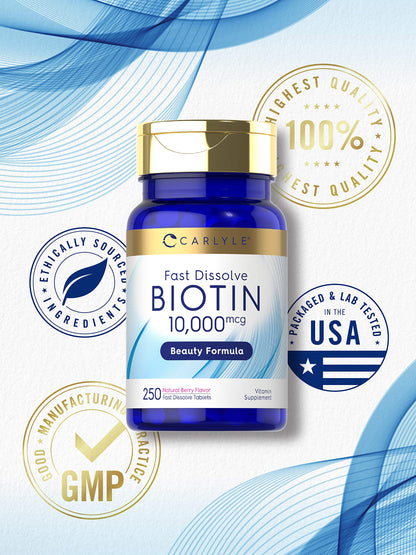 Carlyle Biotin 10000mcg | 250 Fast Dissolve Tablets | Max Strength | Vegetarian, Non-GMO, Gluten Free Supplement CarlyleUS supplements