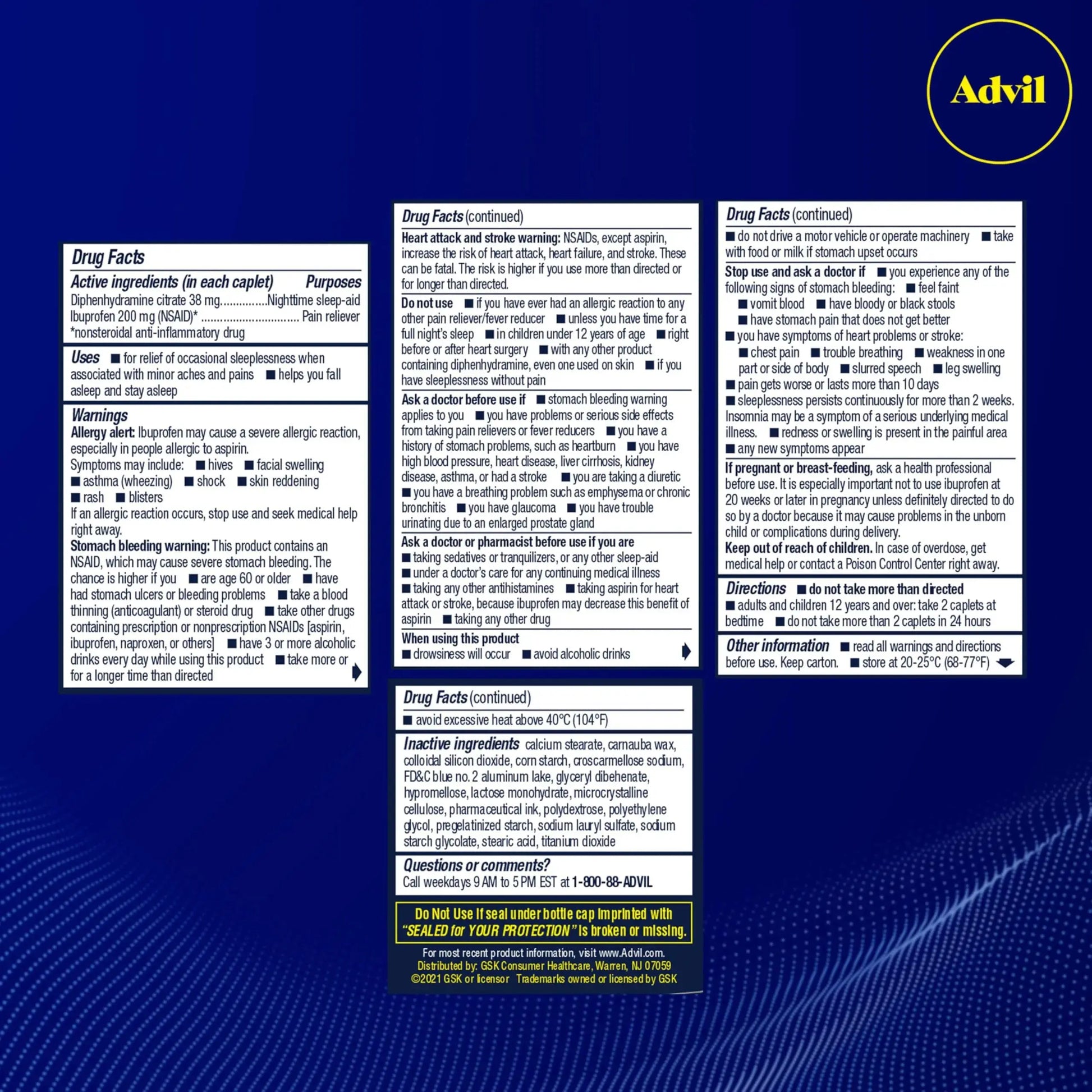 Advil PM Pain Reliever and Nighttime Sleep Aid, Pain Medicine with Ibuprofen for Pain Relief and Diphenhydramine Citrate for A Sleep Aid - 120 Coated Caplets (Pack of 2) AdvilAu supplements