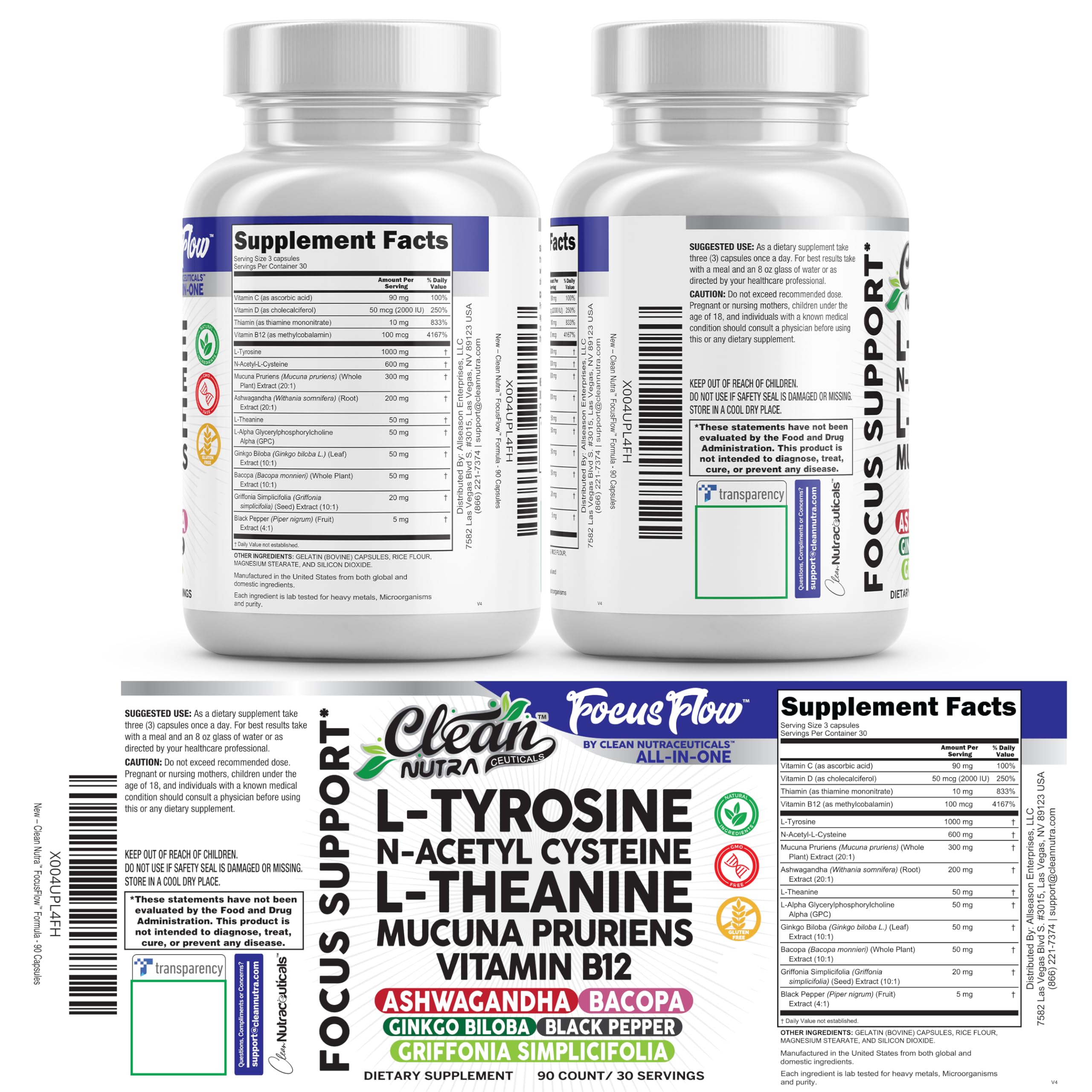 Focus Flow L-Tyrosine Vitamin B C D L-Theanine Ashwagandha Ginkgo Biloba Vitamin B12 Thiamine Black Pepper N-Acetylcysteine Mucuna Pruriens 90 Count Capsules by Clean Nutra Clean NutraceuticalsAu supplements