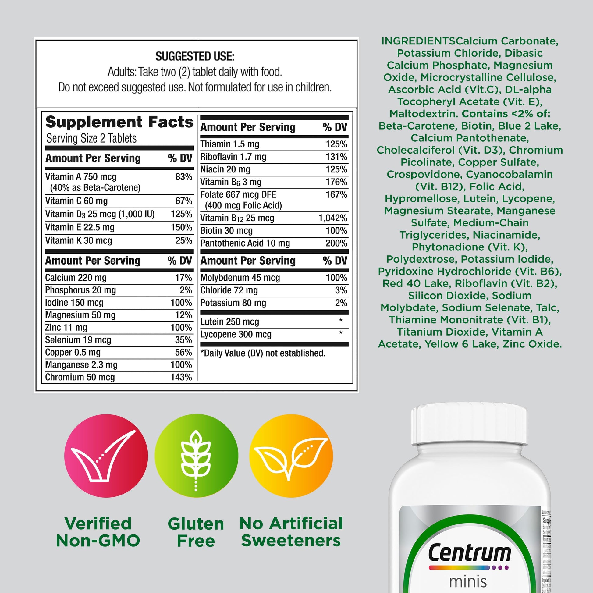 Centrum Minis Silver Multivitamin for Adults 50 Plus, Multimineral Supplement, Vitamin D3, B-Vitamins, Gluten Free, Non-GMO Ingredients CentrumAu supplements