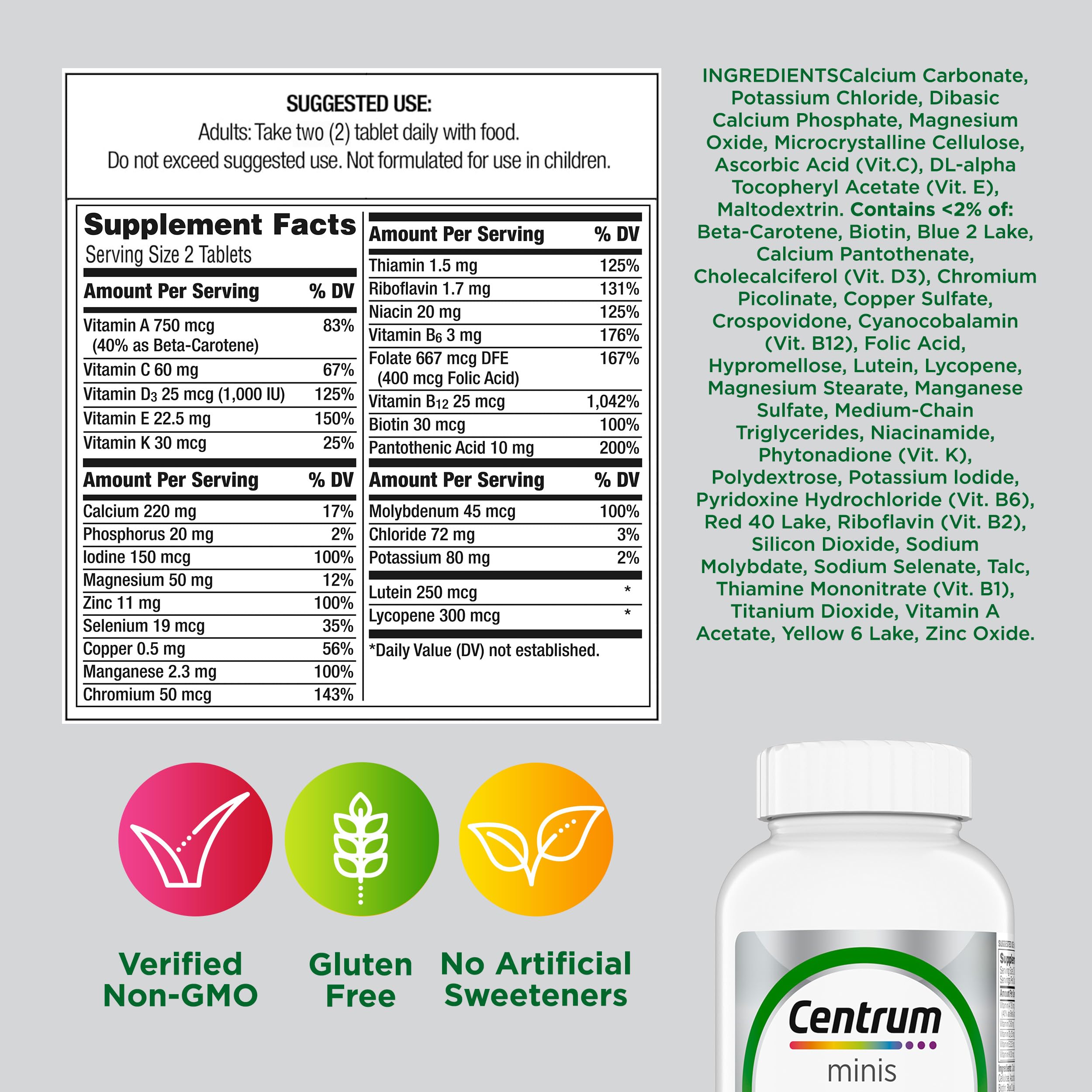 Centrum Minis Silver Multivitamin for Adults 50 Plus, Multimineral Supplement, Vitamin D3, B-Vitamins, Gluten Free, Non-GMO Ingredients CentrumAu supplements