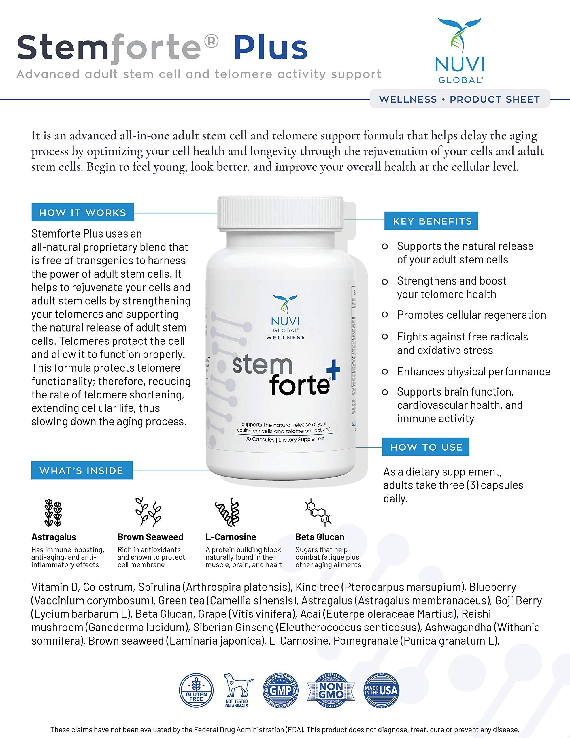 NuVi Global Stemforte Plus Stem Cell and Telomere Supplements – Cell Regeneration, Cell Growth & Telomere Support for Healthy Aging & Cellular Health – 90 Capsules for Men & Women NuVi GlobalAu supplements