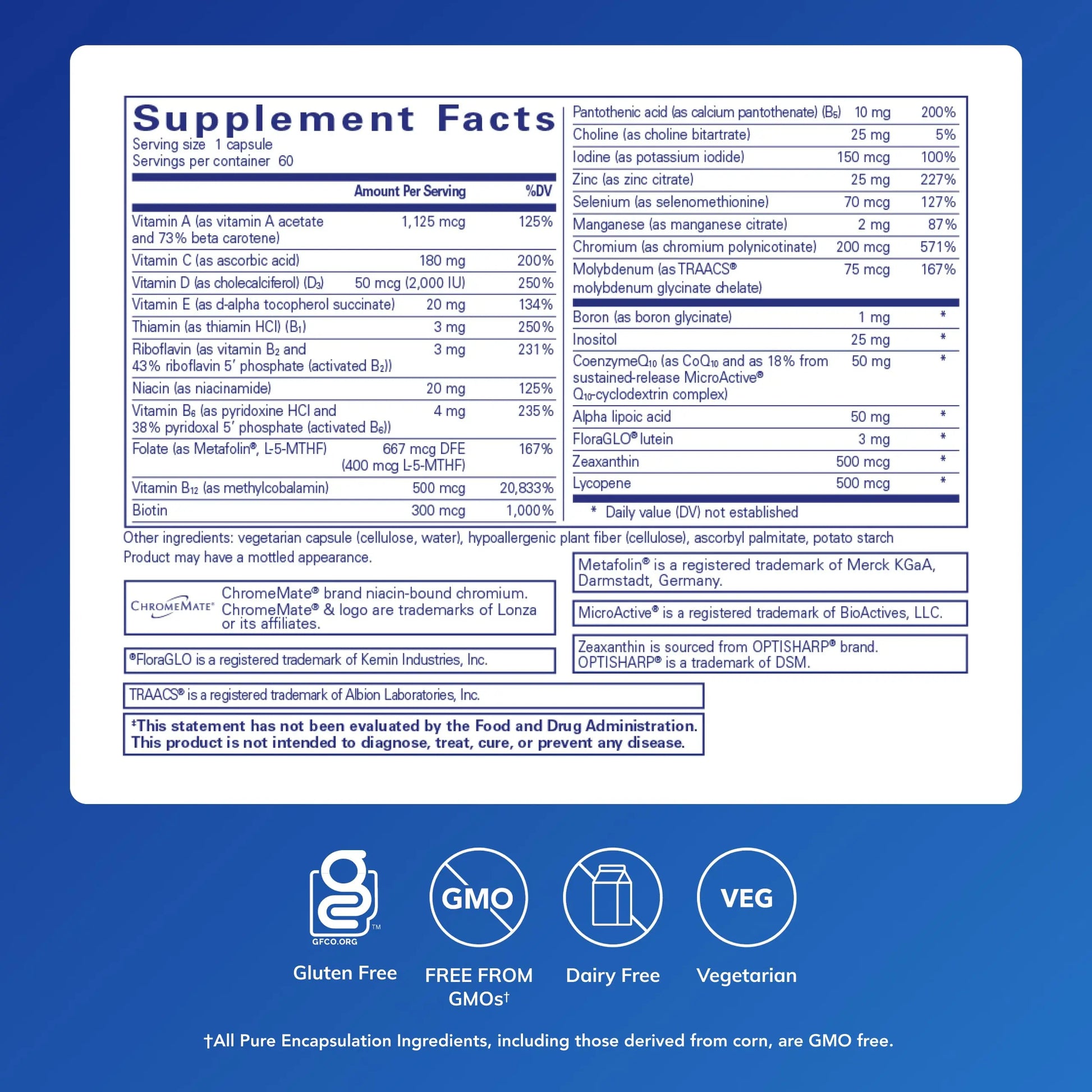Pure Encapsulations O.N.E. Multivitamin - Once Daily Multivitamin with Antioxidant Complex Metafolin, CoQ10, and Lutein to Support Vision, Cognitive Function, and Cellular Health* - 60 Capsules Pure Encapsulationsnz supplements