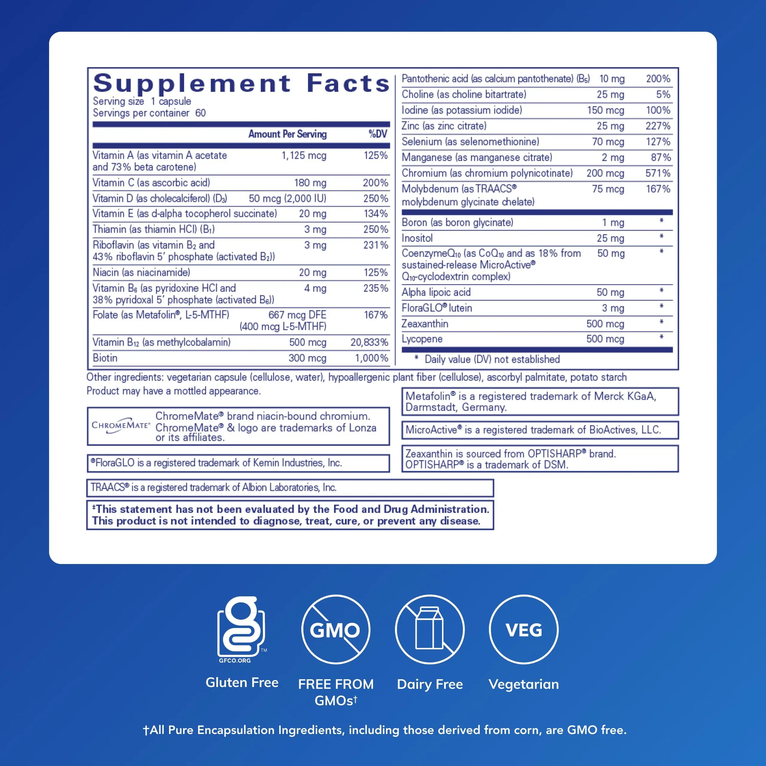 Pure Encapsulations O.N.E. Multivitamin - Once Daily Multivitamin with Antioxidant Complex Metafolin, CoQ10, and Lutein to Support Vision, Cognitive Function, and Cellular Health* - 60 Capsules Pure Encapsulationsnz supplements