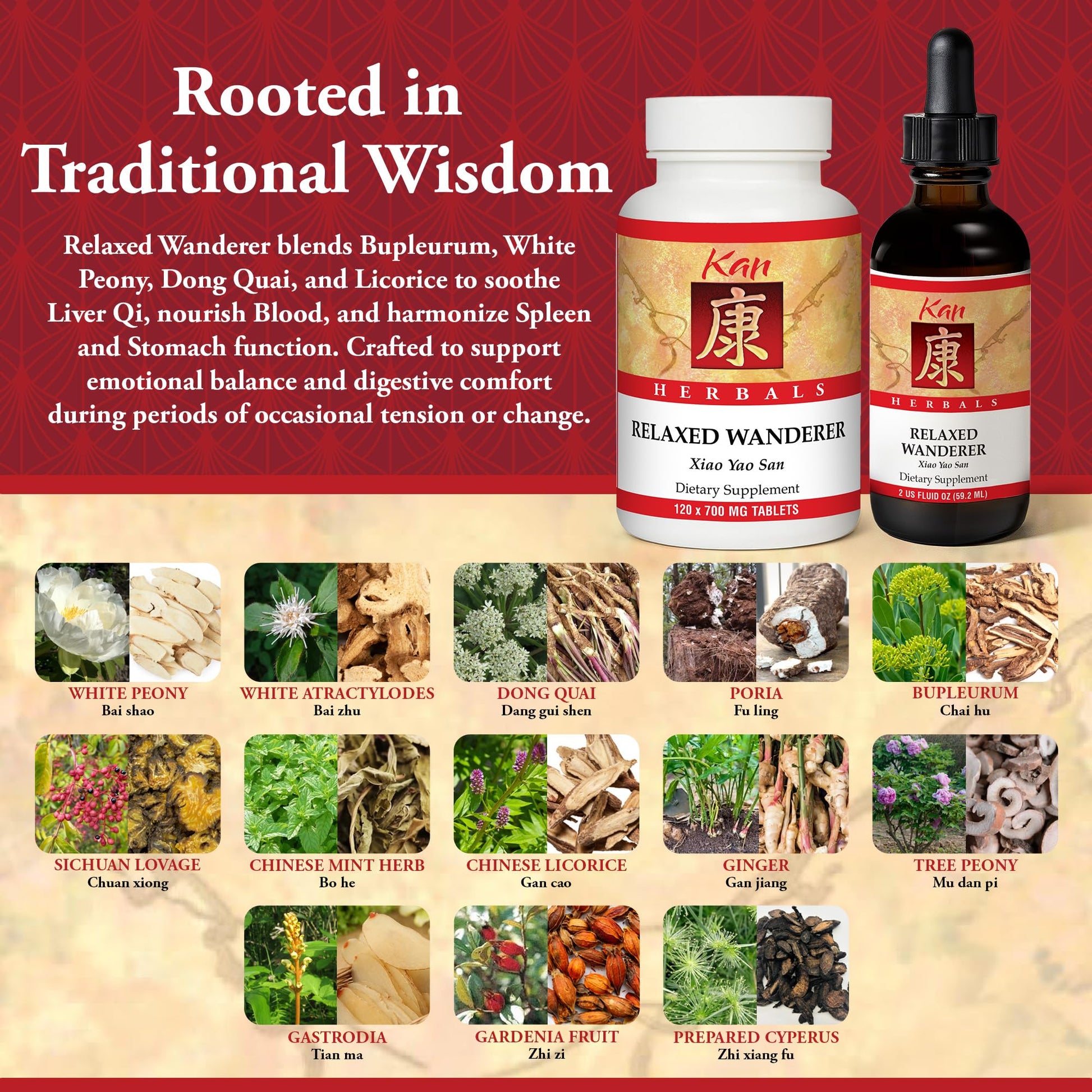 Kan Herbs Company Relaxed Wanderer – Traditional Chinese Herbal Formula to Support Mood, Digestion, and Menstrual Balance, Nourishes Blood, Eases Occasional Tension and Fatigue, 120 Tablets Kan HerbAu supplements