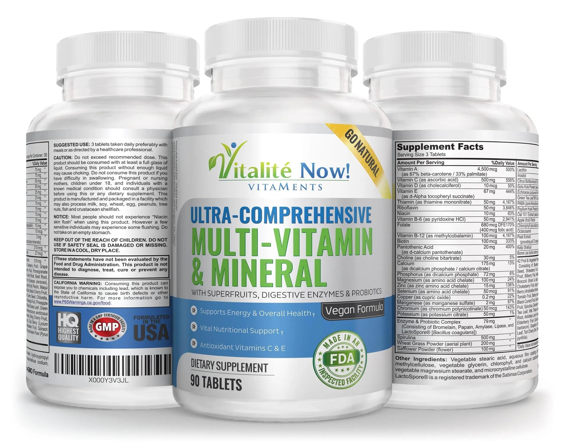 Vegan Whole Food Multivitamin & Mineral - Vitamins A B1 B2 B6 B12 C D3 E & 110 Super Foods, Herbs, Greens & Reds Vitalité Now!Au supplements
