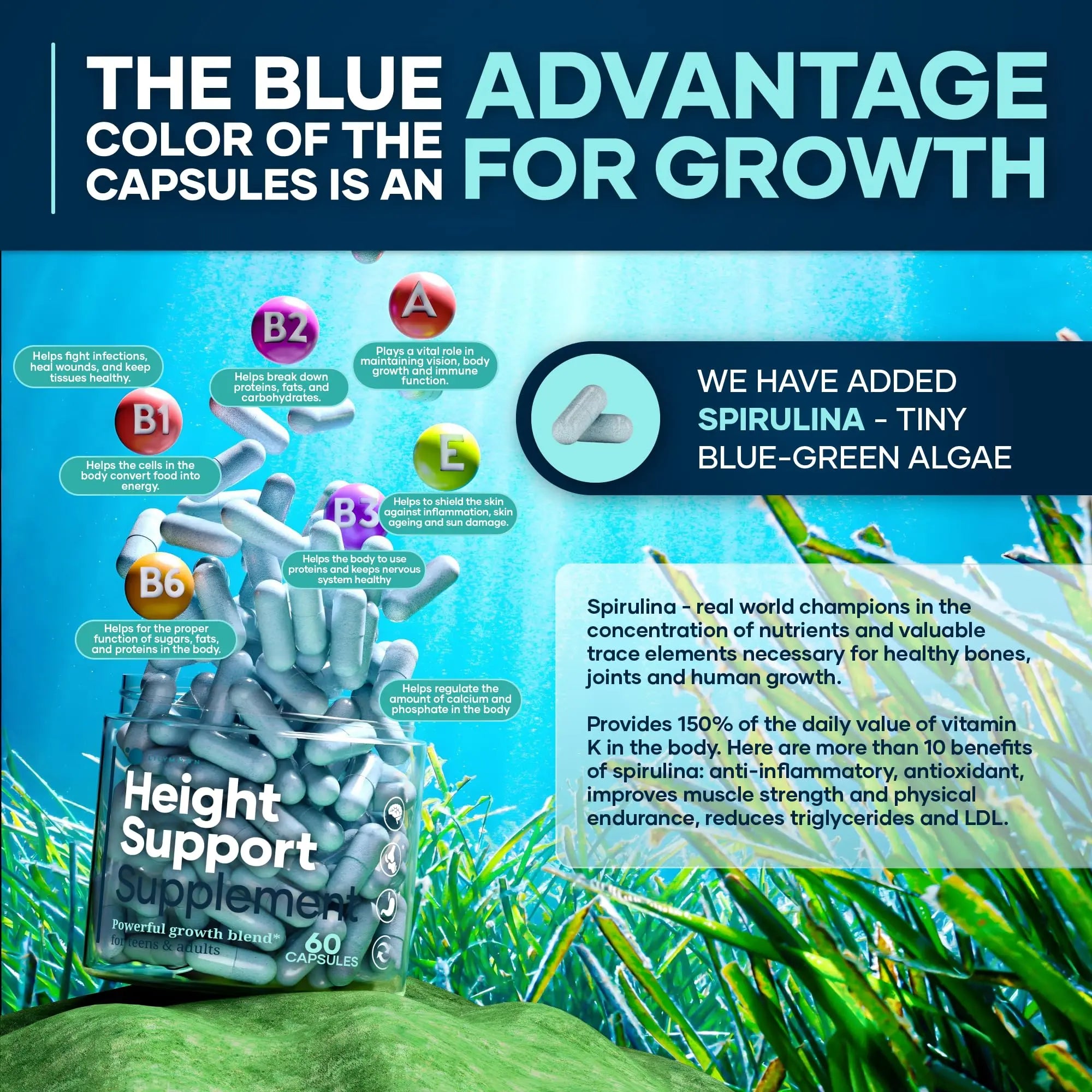 Height & Bone Support Supplement - Premium Height Growth Supplement for Kids & Teens with Calcium - Nutritional Support Bone Health Formula - Height Increase Essential Vitamins - 60 Caps LM LILYNUTRAMOONnz supplements