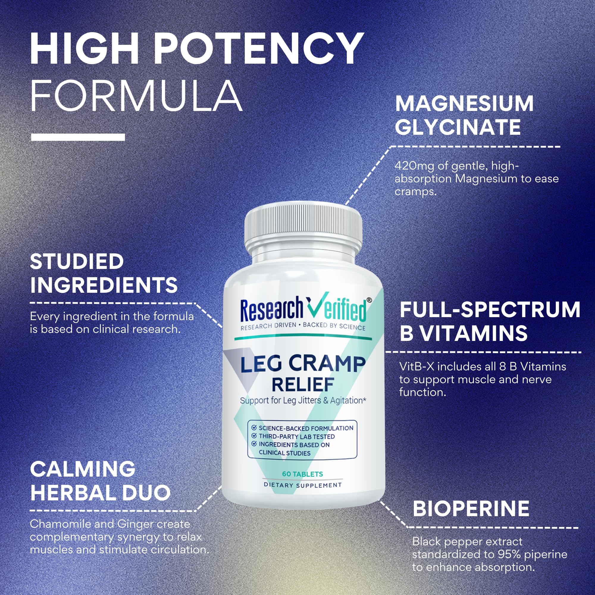 Research Verified Leg Cramps - Magnesium, B Vitamins, Ginger, Chamomile, BioPerine - Circulation Support - Vegan - 1 Month Supply Research VerifiedAu supplements