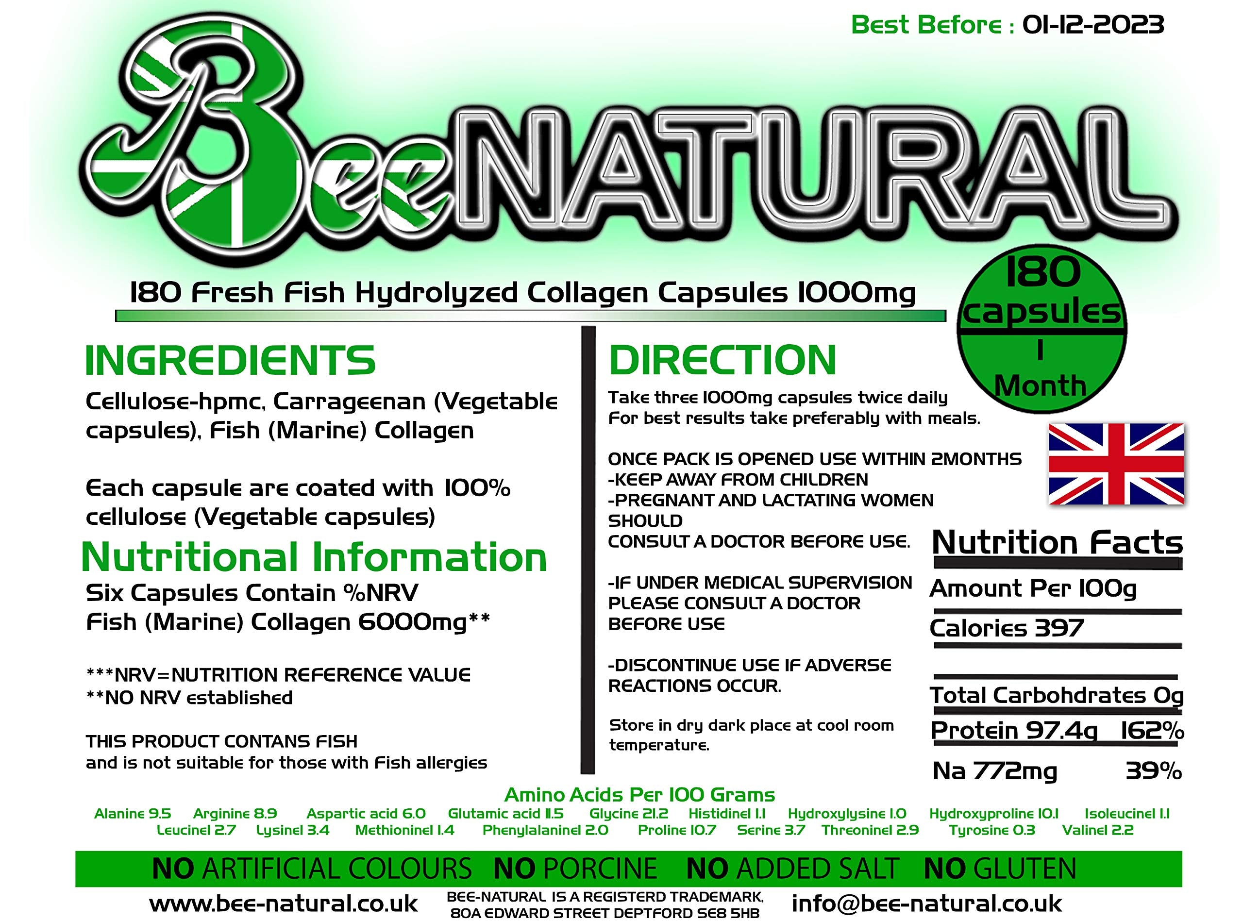 Bee-natural Pure Marine Hydrolyzed Collagen 1000mg 180 Capsules (1 Month Supply) Bee-naturalAu supplements