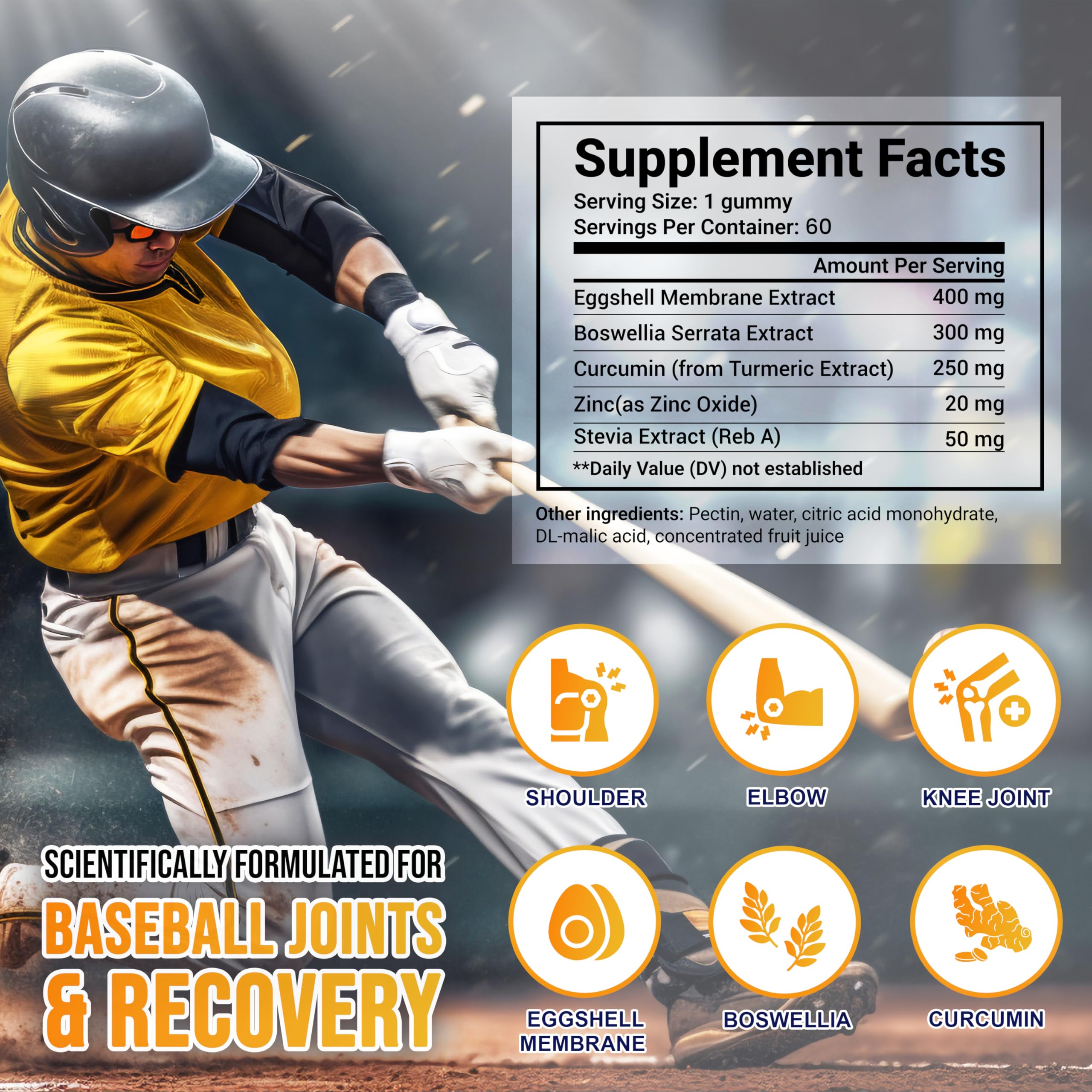MYRELI Eggshell Membrane 400mg, Boswellia 300mg, Curcumin 250mg & Zinc 20mg Gummies - Baseball Athlete Joint Support, Flexibility, Recovery, Antioxidant, Energy, Endurance - Vegan, Non-GMO, 60 Gummies MYRELIAu supplements