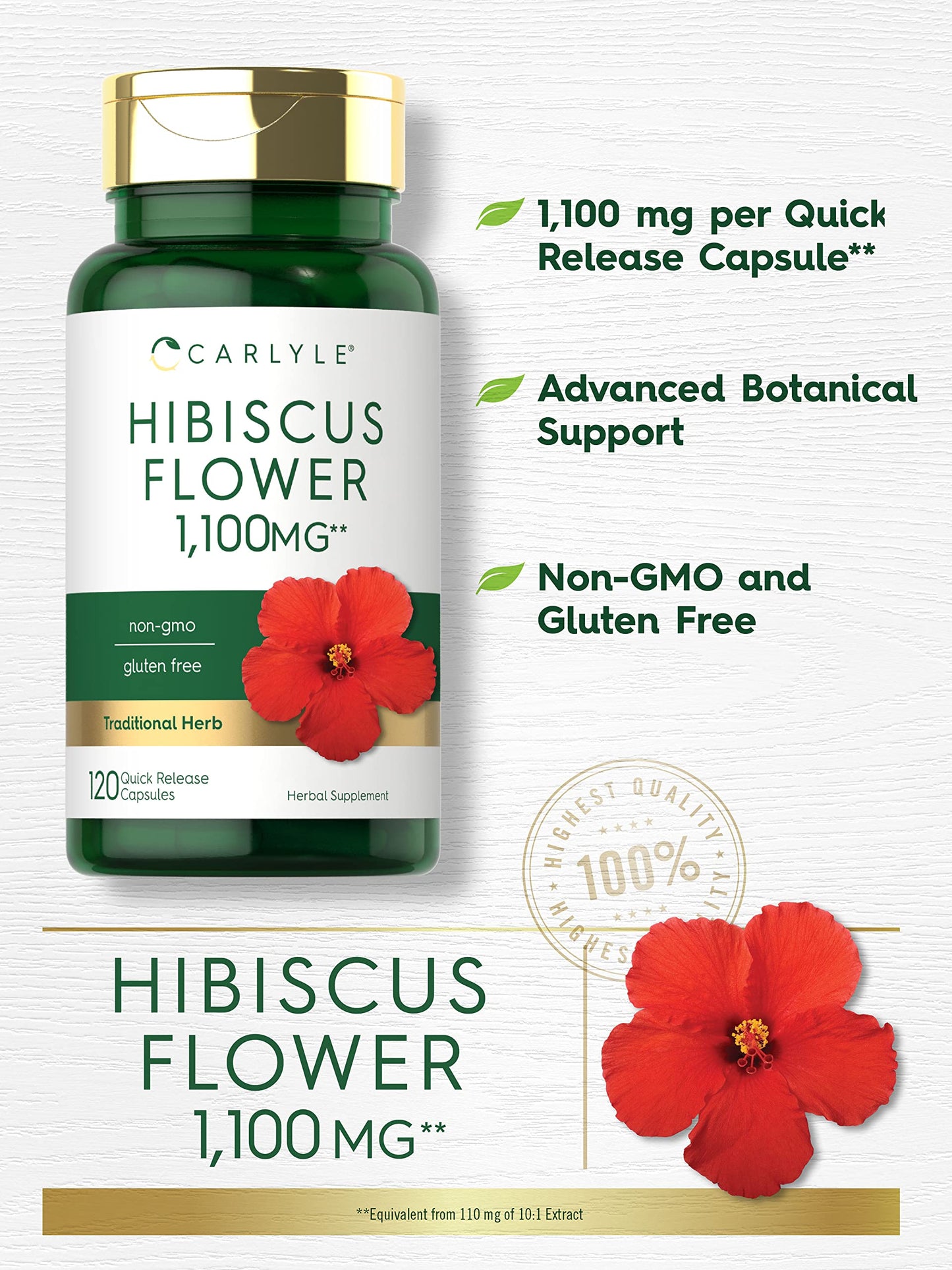 Hibiscus Flower Extract 1100 mg | 120 Capsules | Non-GMO, Gluten Free Supplement CarlyleUS supplements