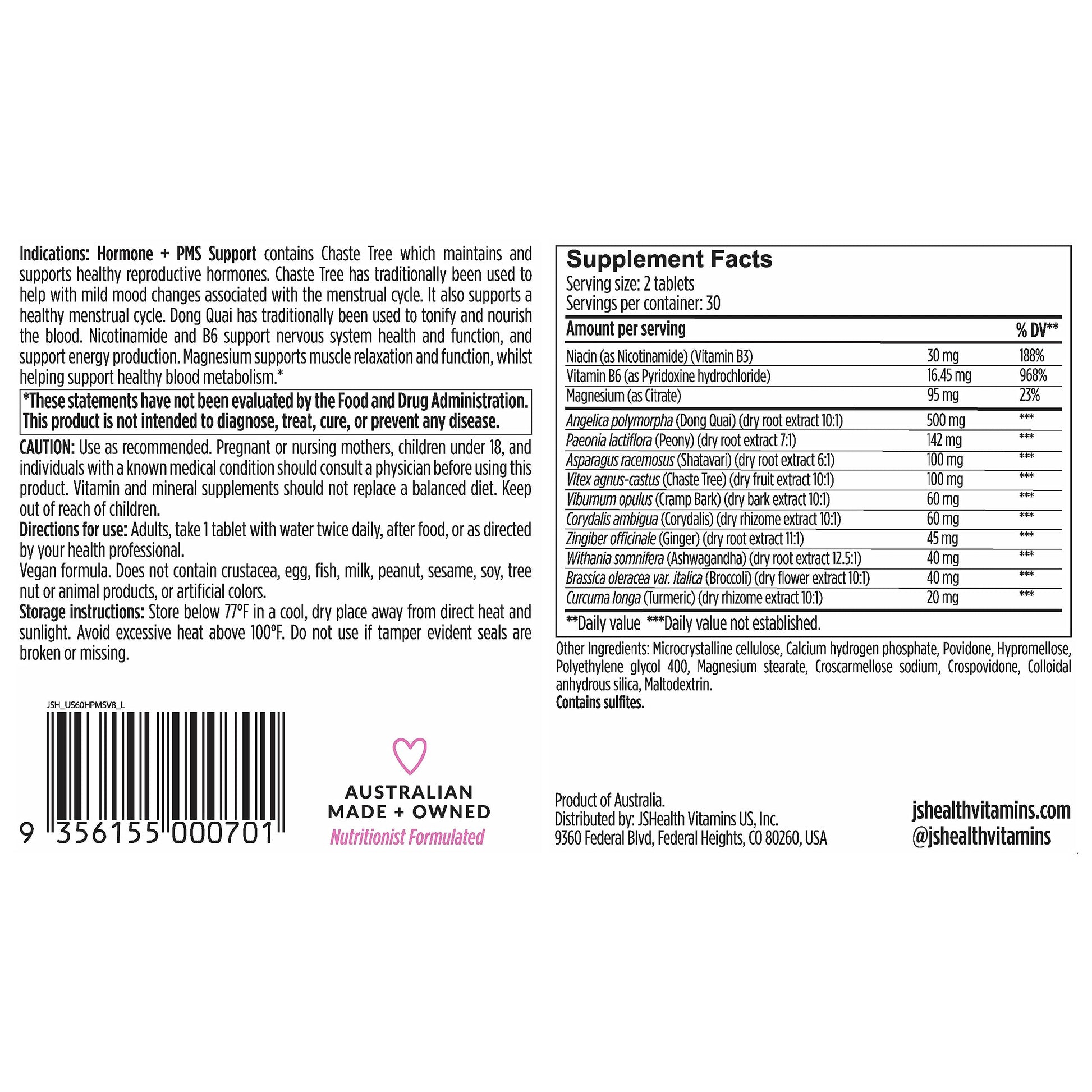 JSHealth Vitamins Hormone Balance for Women and PMS Support Supplement - Premenstrual Symptom Relief with Vitamins B3, B6 & Magnesium (60) JSHealthAu supplements