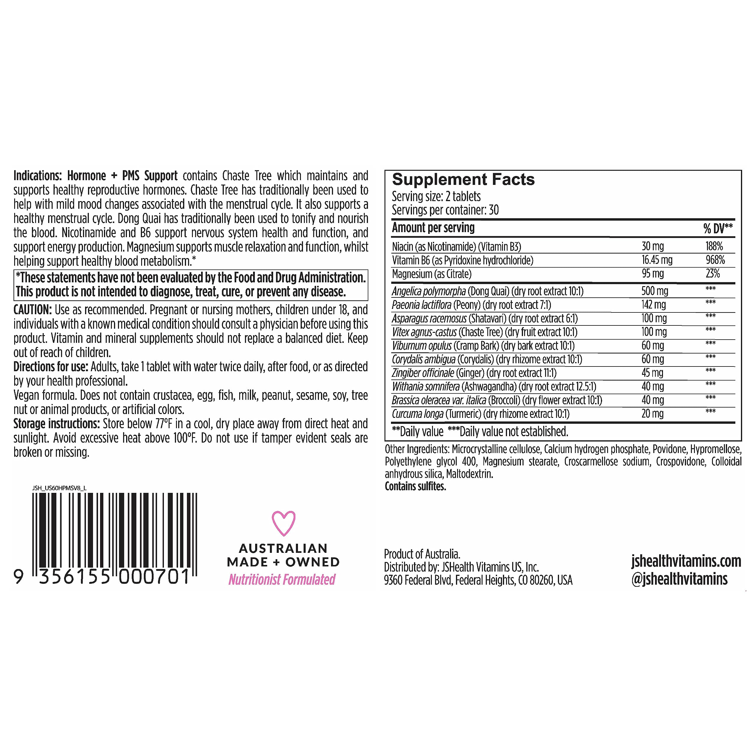 JSHealth Vitamins Hormone Balance for Women and PMS Support Supplement - Premenstrual Symptom Relief with Vitamins B3, B6 & Magnesium (60) JSHealthAu supplements