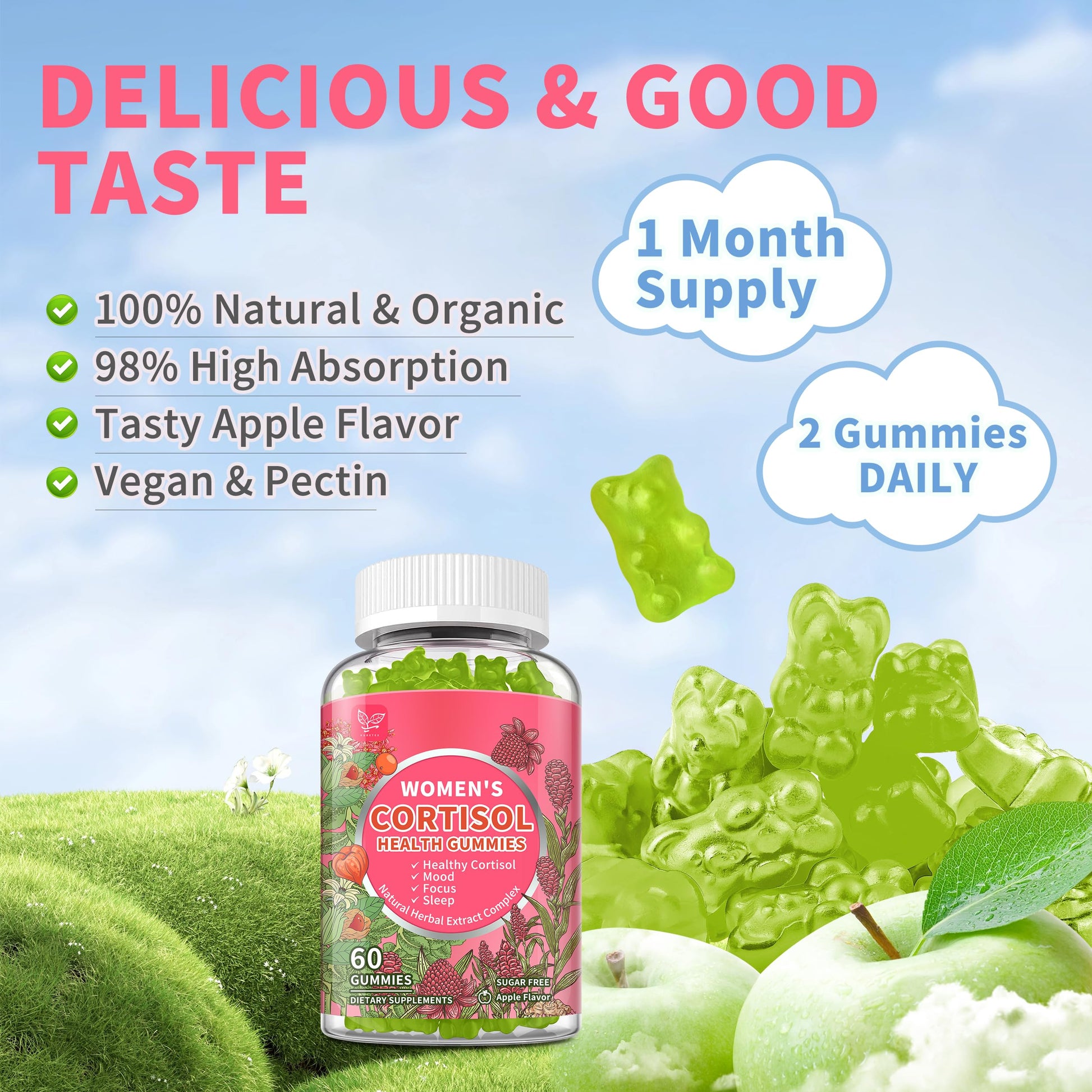 Cortisol Gummies for Women,Cortisol Manager with Ashwagandha,Magnesium,L-theanine,Phosphatidylserine,Rhodiola Rosea,Black Pepper for Mood Support,Adrenal Balance,Sleep,Vegan,Apple Flavor,60 Count HudetexAu supplements