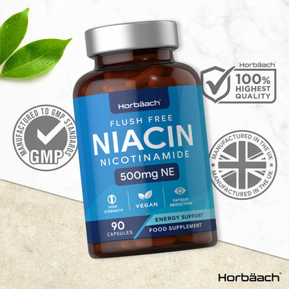 Vitamin B3 Niacin 500mg | 90 Vegan Capsules | Flush Free Nicotinamide Supplement HorbäachUS supplements