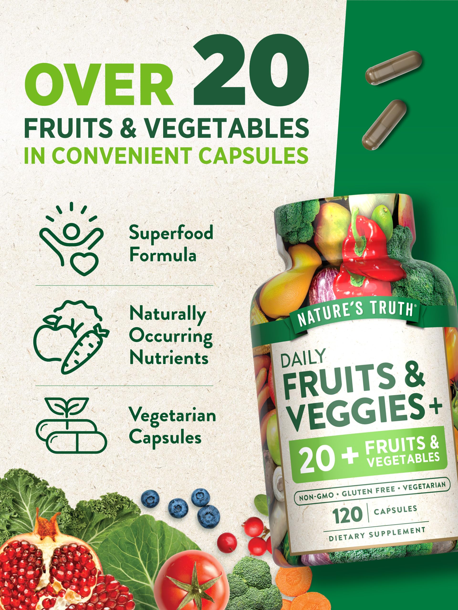 Nature's Truth Fruit and Veggies Supplement | 120 Vegetarian Capsules | 20+ Fruits & Vegetables | Vegetarian, Non-GMO, and Gluten Free Supplement Nature's TruthAu supplements