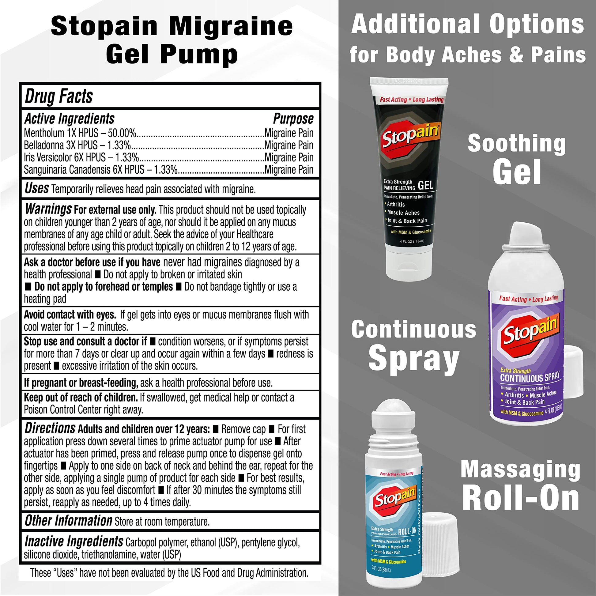 Stopain Migraine Pain Relief Gel Pump, 1.62oz (2 Pack), USA Made, Max Strength Fast Acting Research Proven Effective Topical, No Known Side Effects or Drug Interactions, HSA FSA Approved Products StopainAu supplements