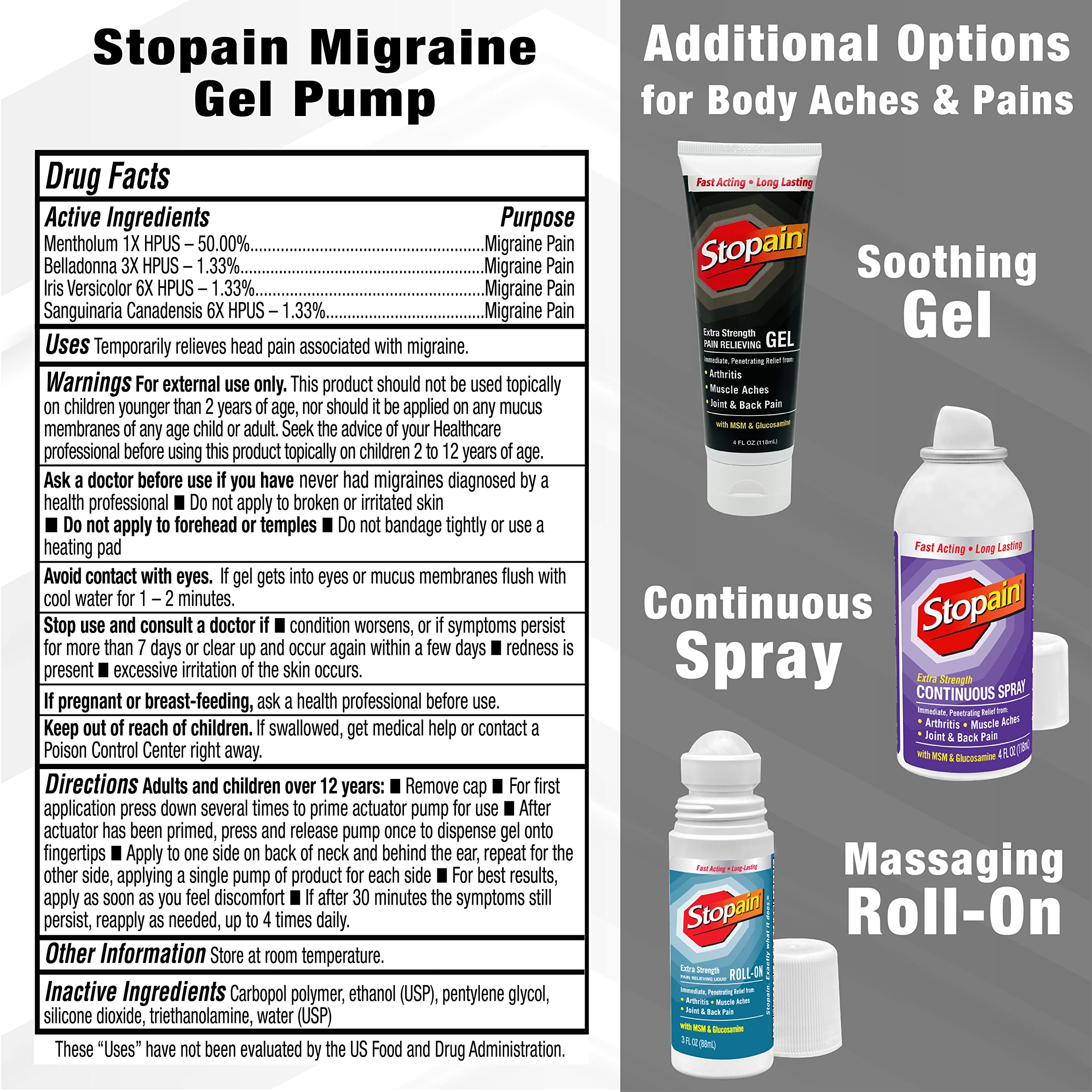 Stopain Migraine Pain Relief Gel Pump, 1.62oz (2 Pack), USA Made, Max Strength Fast Acting Research Proven Effective Topical, No Known Side Effects or Drug Interactions, HSA FSA Approved Products StopainAu supplements