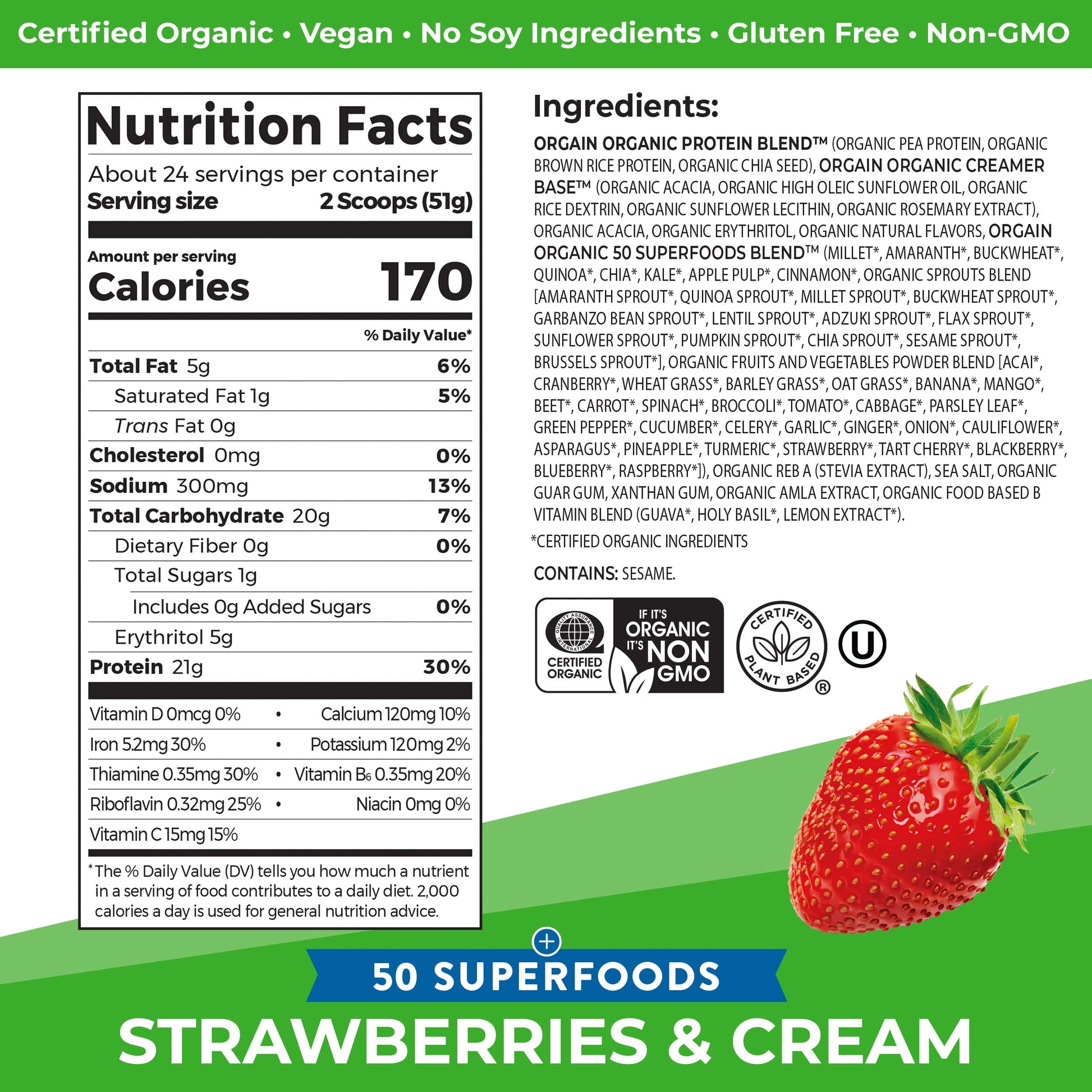 Orgain Organic Vegan Protein Powder + 50 Superfoods, Strawberries and Cream OrgainAu supplements
