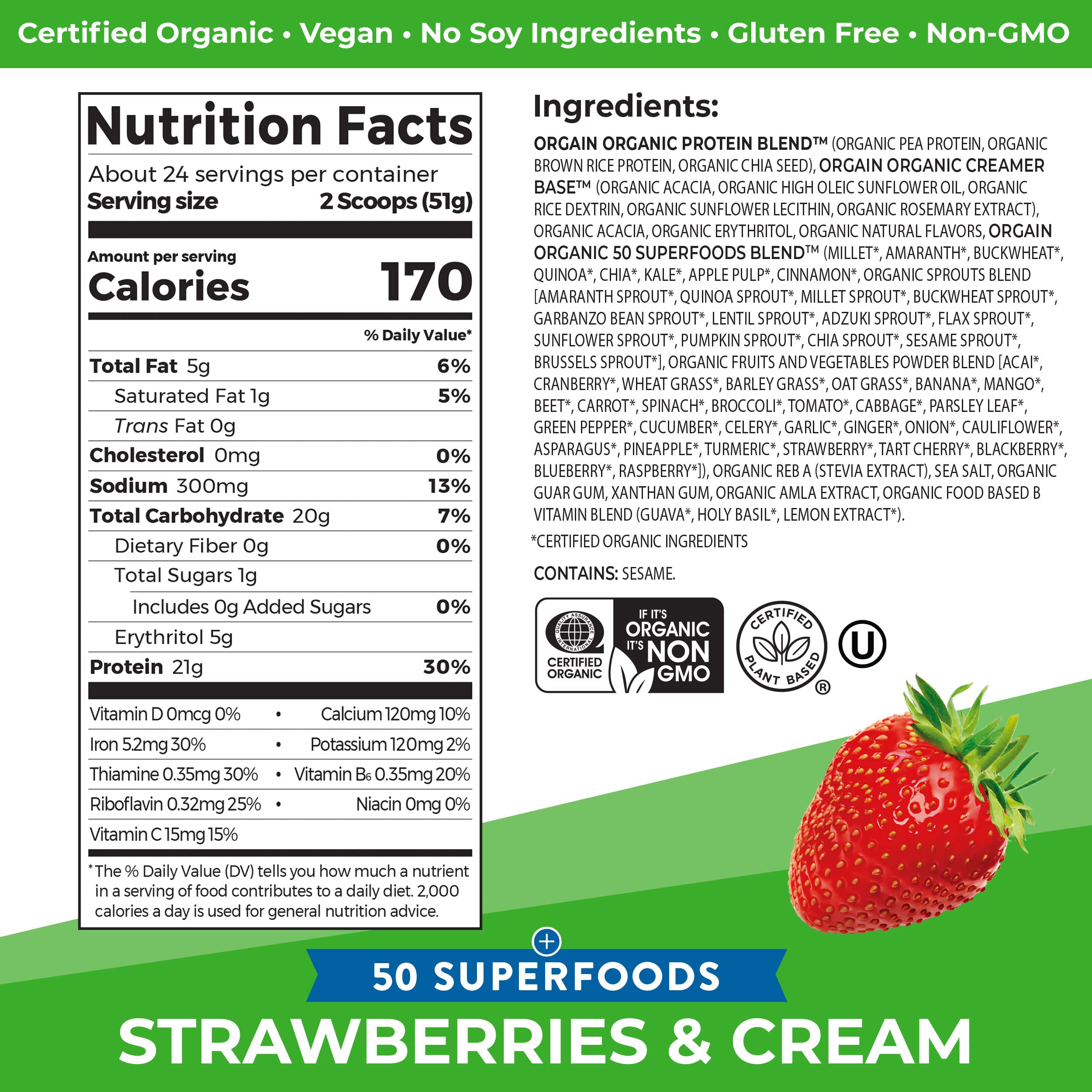 Orgain Organic Vegan Protein Powder + 50 Superfoods, Strawberries and Cream OrgainAu supplements