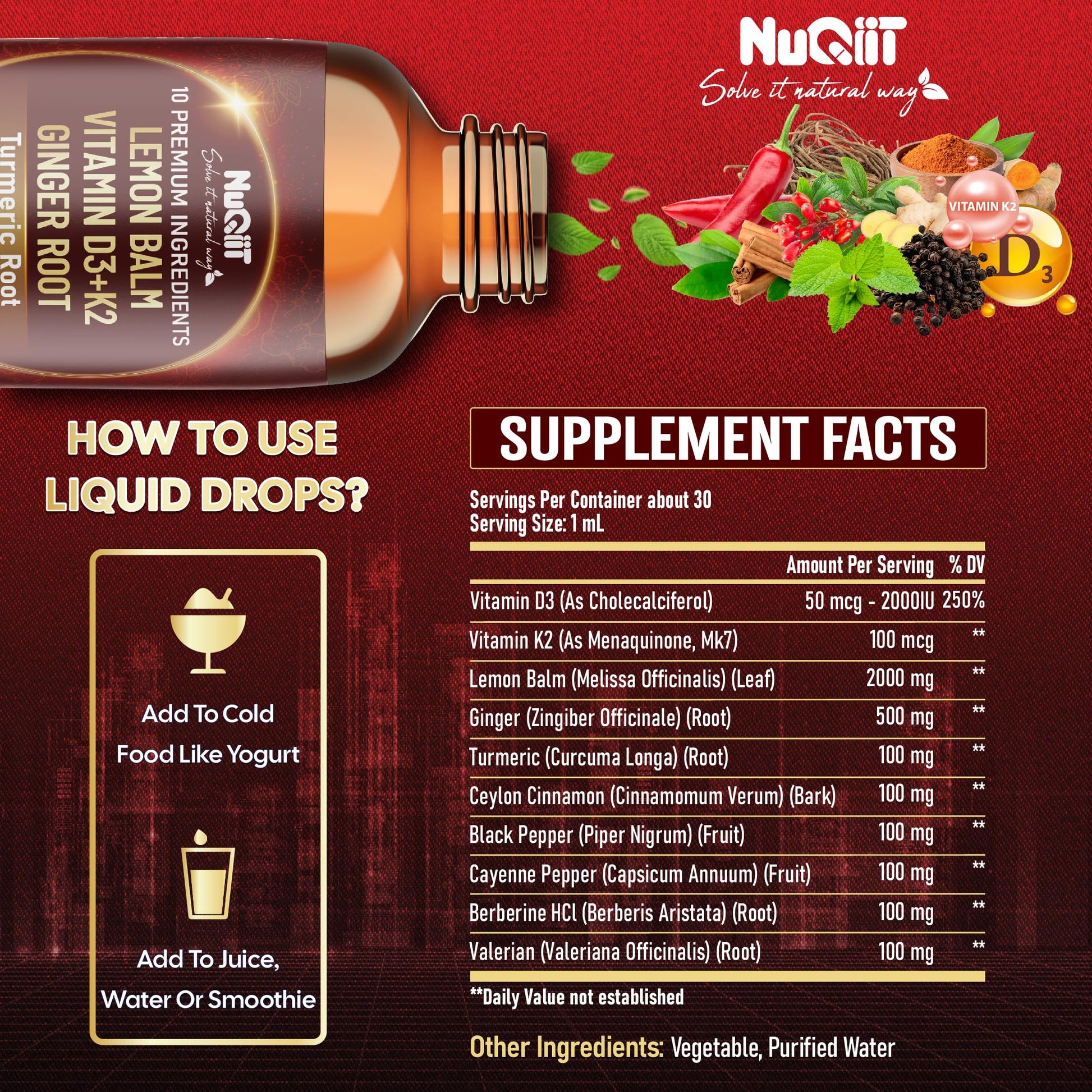 NUQIIT 10in1 Lemon Balm Tincture Blend Includes Vitamin D3, Vitamin K2, Lemon Balm, Ginger, Turmeric, Ceylon Cinnamon and More - 1 FL Oz - 60 Day Supply NUQIITAu supplements