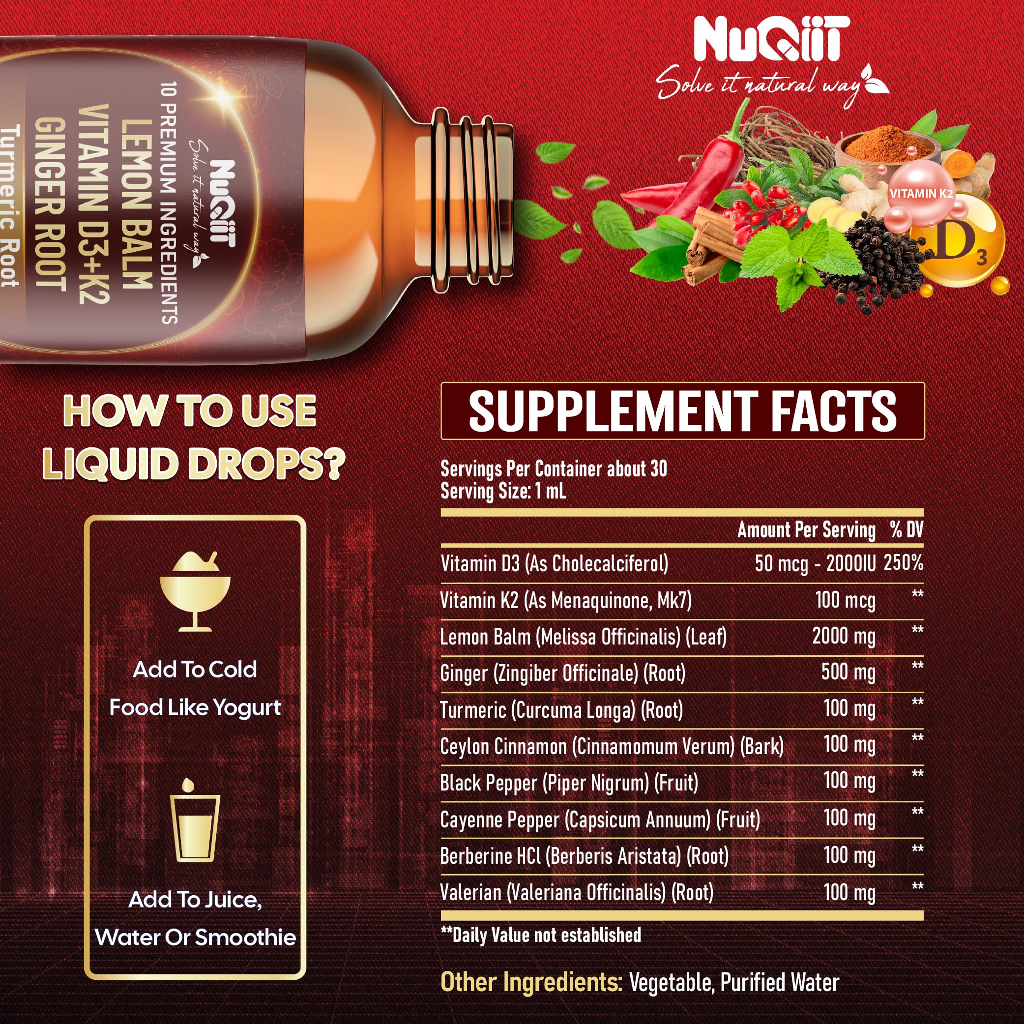 NUQIIT 10in1 Lemon Balm Tincture Blend Includes Vitamin D3, Vitamin K2, Lemon Balm, Ginger, Turmeric, Ceylon Cinnamon and More - 1 FL Oz - 60 Day Supply NUQIITAu supplements