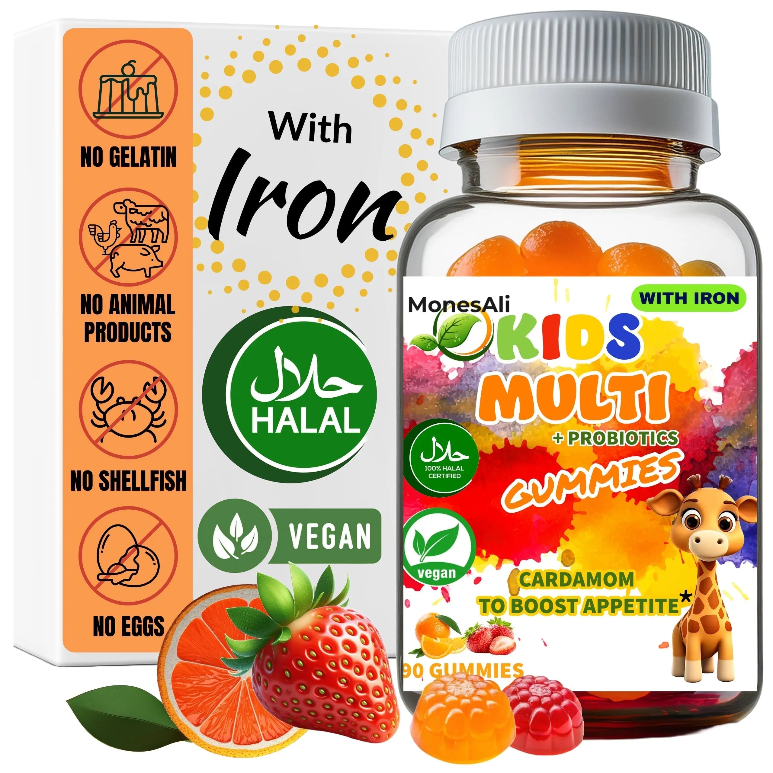 MonesAli Kids Multivitamin Gummies with Iron & Probiotics – Vegan, Gelatin-Free, Halal, Orange & Strawberry Flavors, 90 Count MonesAliAu supplements