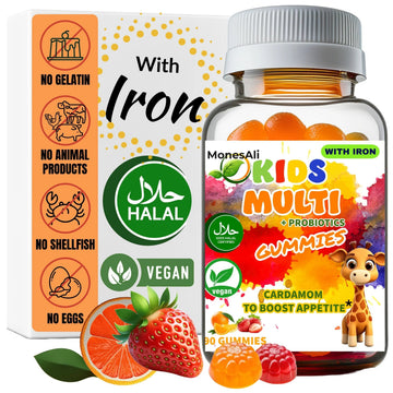 MonesAli Kids Multivitamin Gummies with Iron & Probiotics – Vegan, Gelatin-Free, Halal, Orange & Strawberry Flavors, 90 Count MonesAliAu supplements