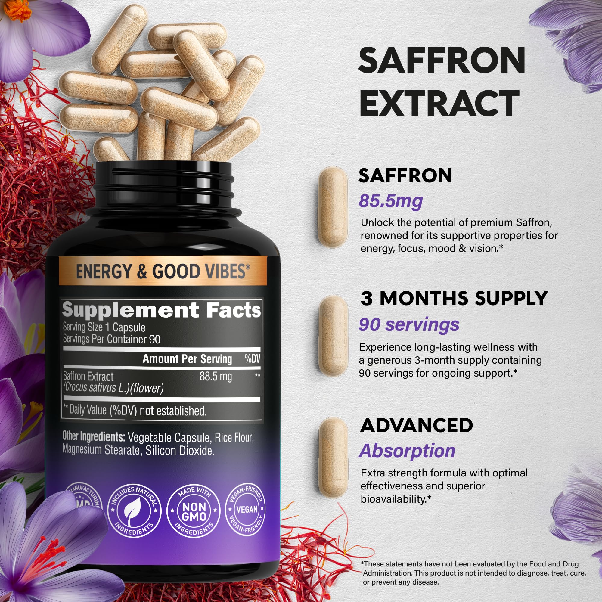 Natural Saffron Supplements - Pure Saffron Extract 88.5 mg - Made in USA - Mood | Focus | Vision | Energy Support - Eye Health for Women & Men - NonGMO Vegan Pills - 90 Powder Capsules, 3 Month Supply NUTRAHARMONYAu supplements