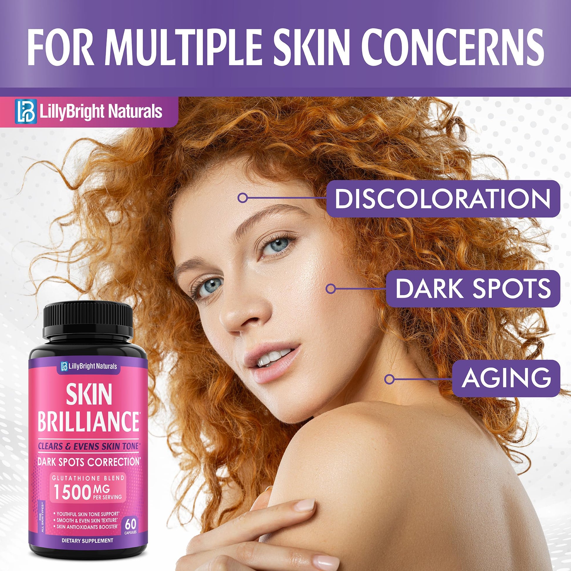 Glutathione Capsules - 1,500mcg L-Glutathione Supplement with Vitamin C - Skin Tone Enhancer - Targets Dark Spots & Acne Marks - Antioxidant Supplement for Beauty & Health Support - 60 Skin Pills LB LILLYBRIGHT NATURALSAu supplements