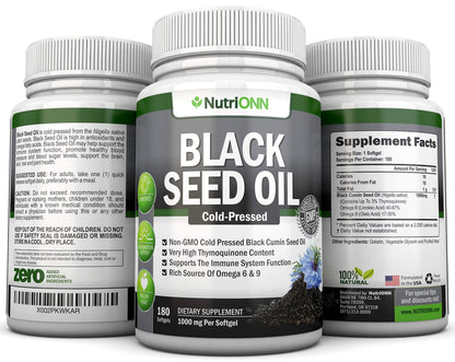 Black Seed Oil - 1000 Mg - 180 Softgels - Cold-Pressed Non-GMO Black Cumin Seed NutriONNUS supplements