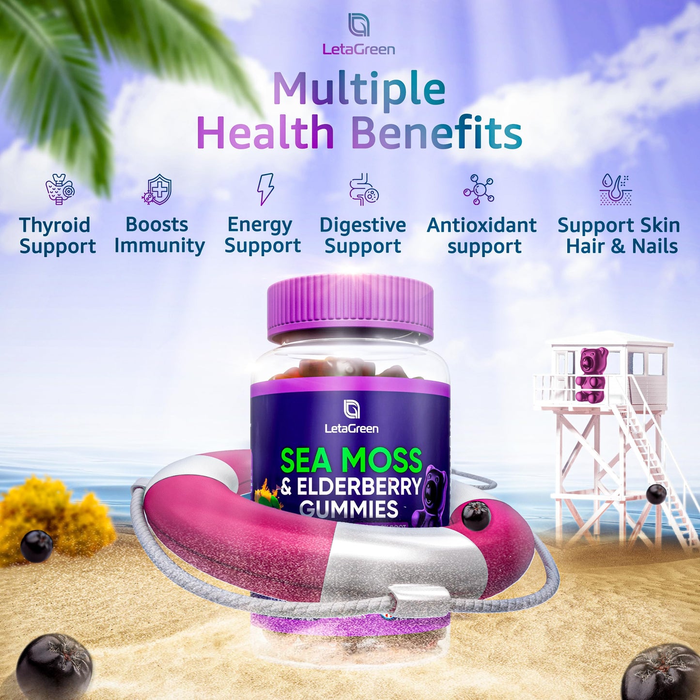 LetaGreen Irish Sea Moss Gummies - 60 Vegan Seamoss Gummies Bears LetaGreenUS supplements